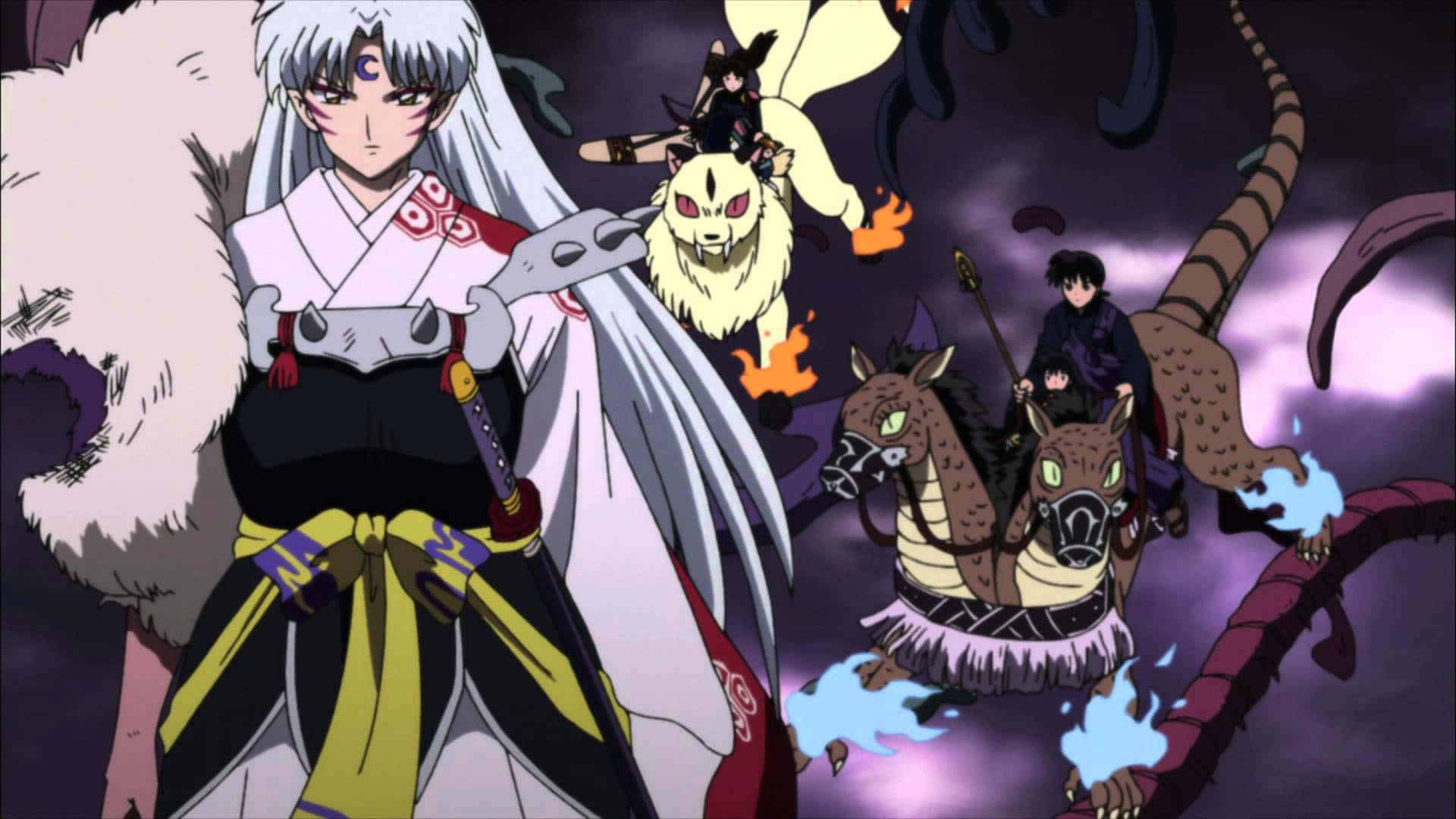 Sesshomaru, stormy purple sky, fiery effects, Full HD Desktop Wallpaper