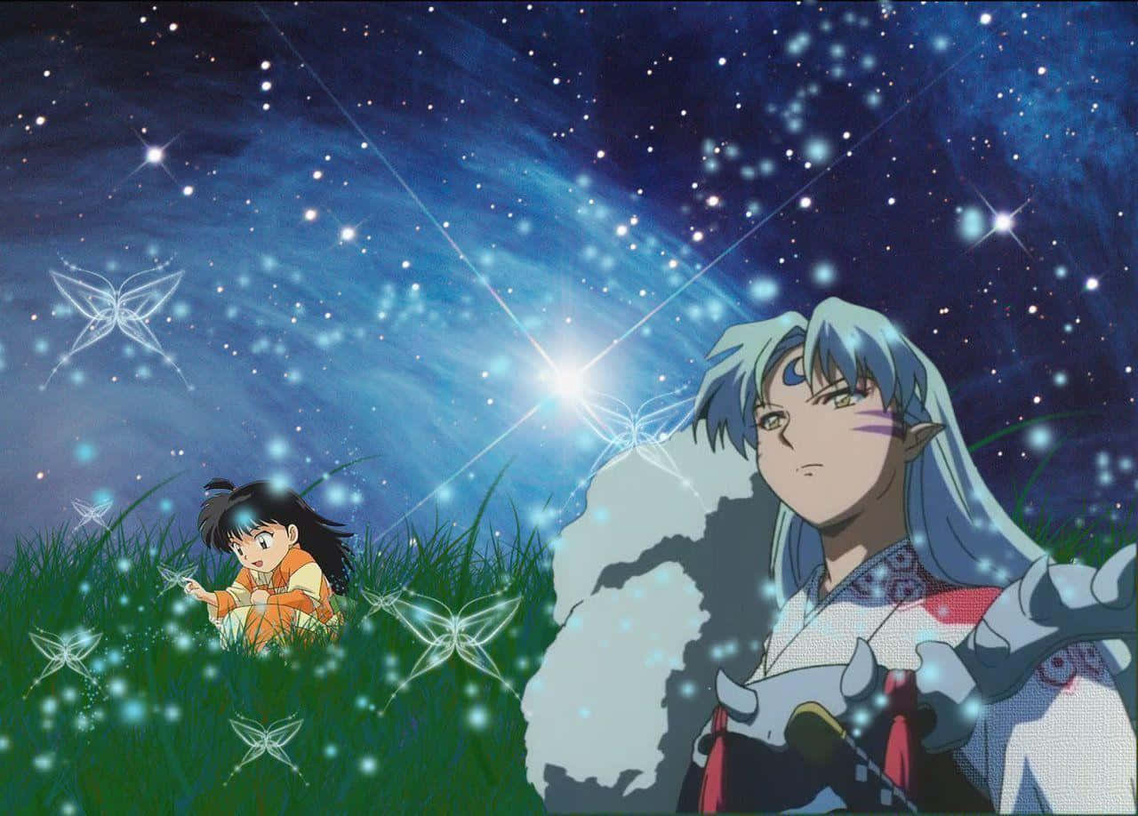 Sesshomaru, starry night sky, glowing butterflies, HD Desktop Wallpaper