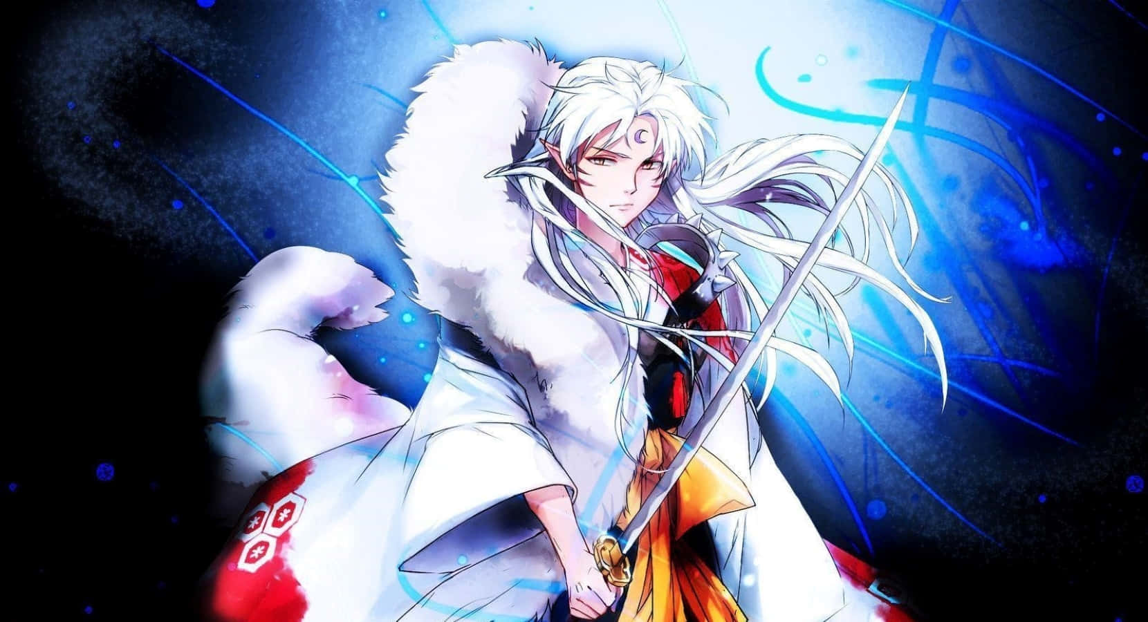 Sesshomaru, silver-haired anime warrior, white fur-trimmed robes, HD Desktop Wallpaper