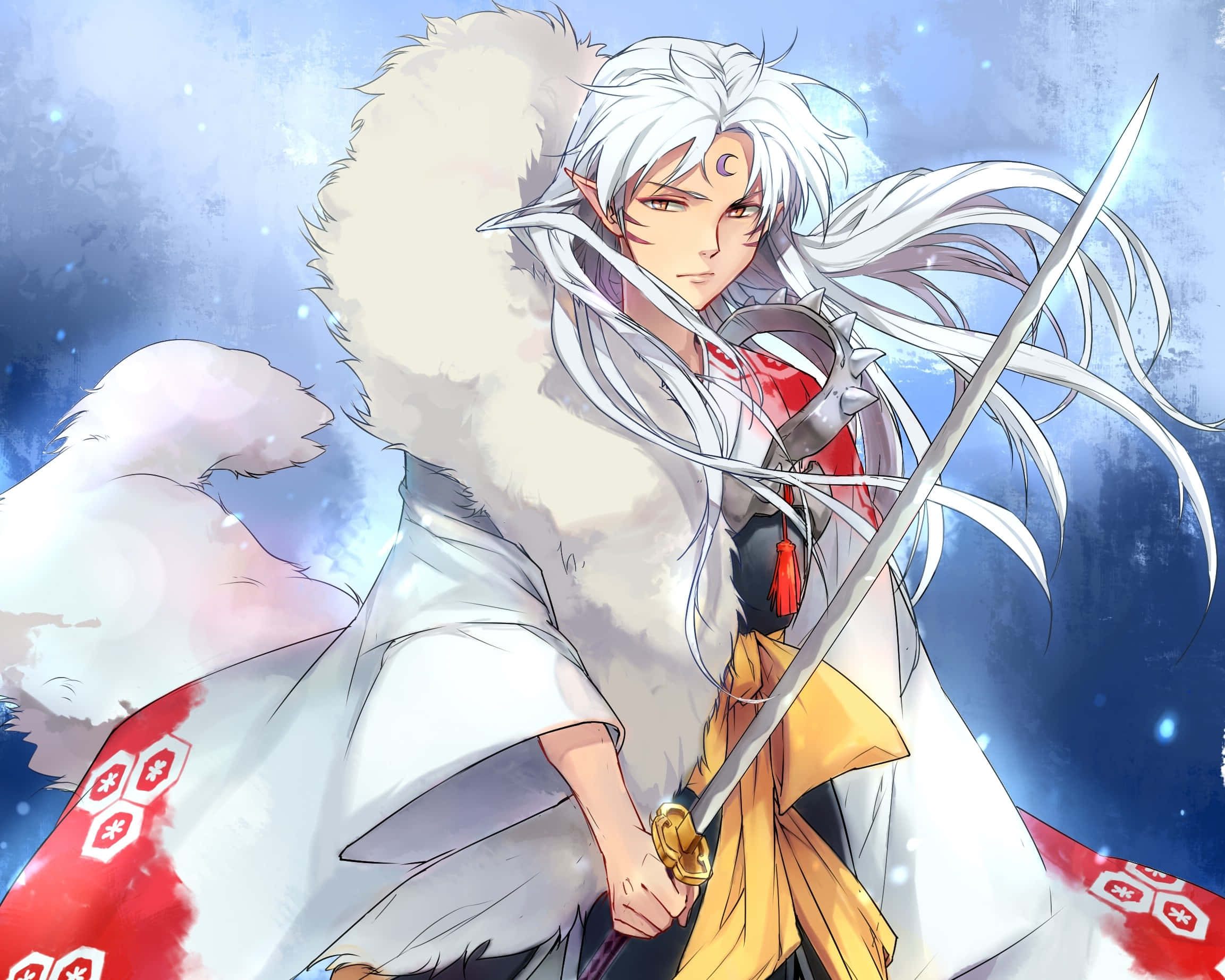Sesshomaru, white hair, fur-lined cloak, Full HD Desktop Wallpaper