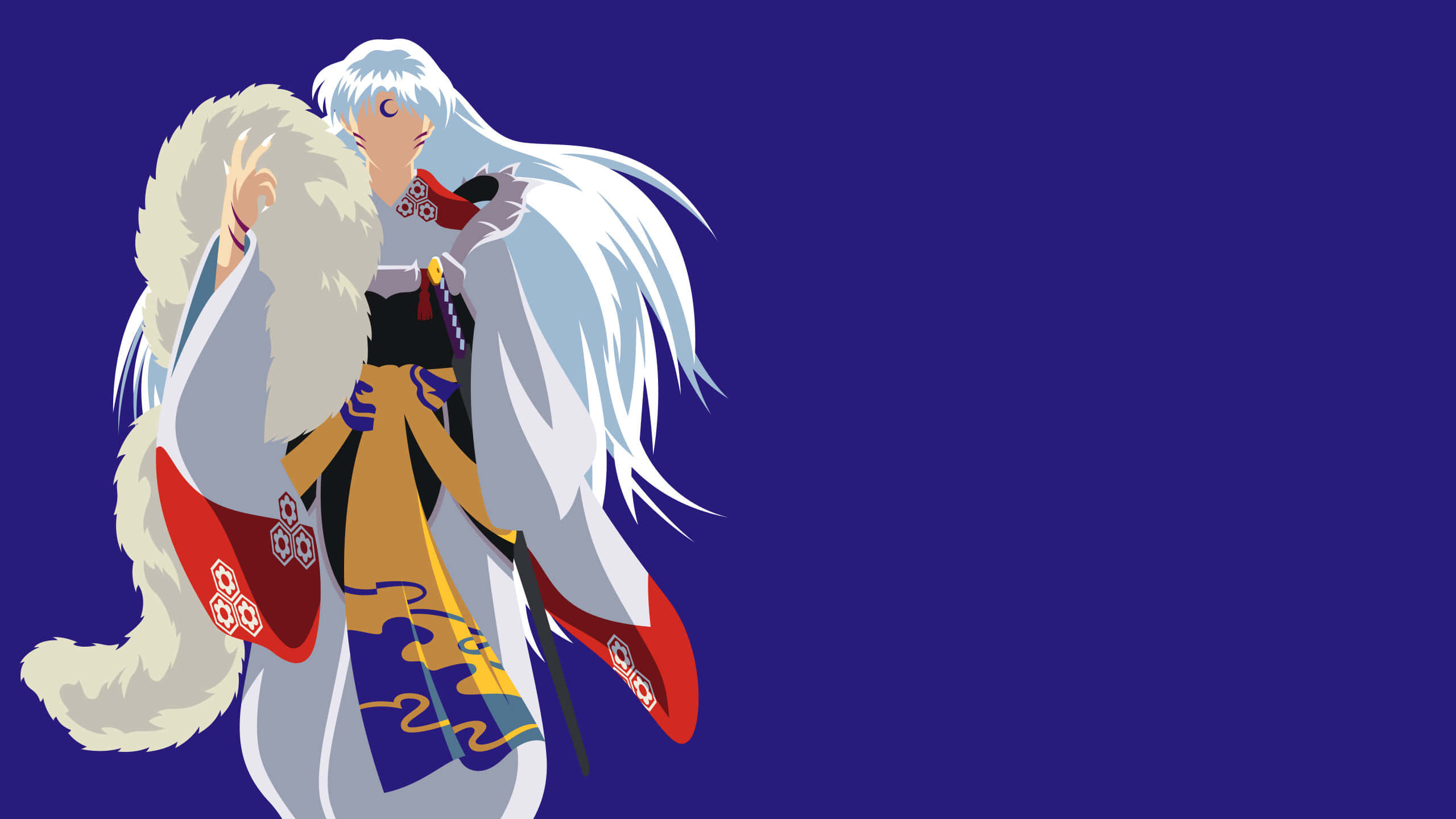 Sesshomaru, long white hair, fox-like fur cloak, 2K Desktop Wallpaper