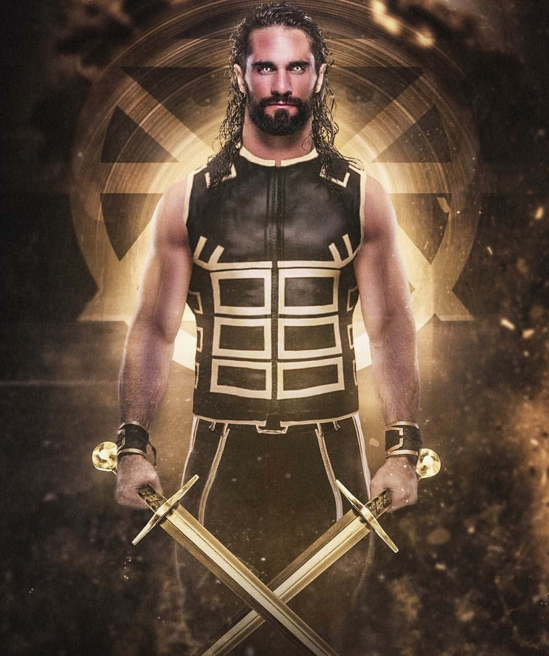 Seth Rollins, black and gold armored vest, two crossed golden swords, HD Phone Wallpaper