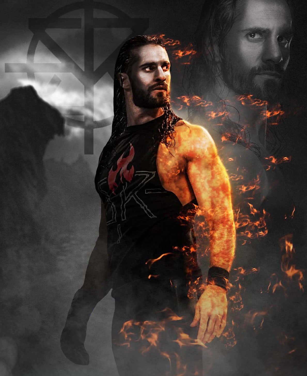 Seth Rollins, black shirt, flames, HD Phone Wallpaper