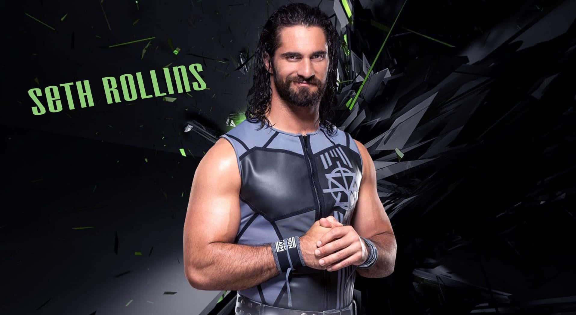 Seth Rollins, black and gray wrestling outfit, shattered black background, HD Desktop Wallpaper