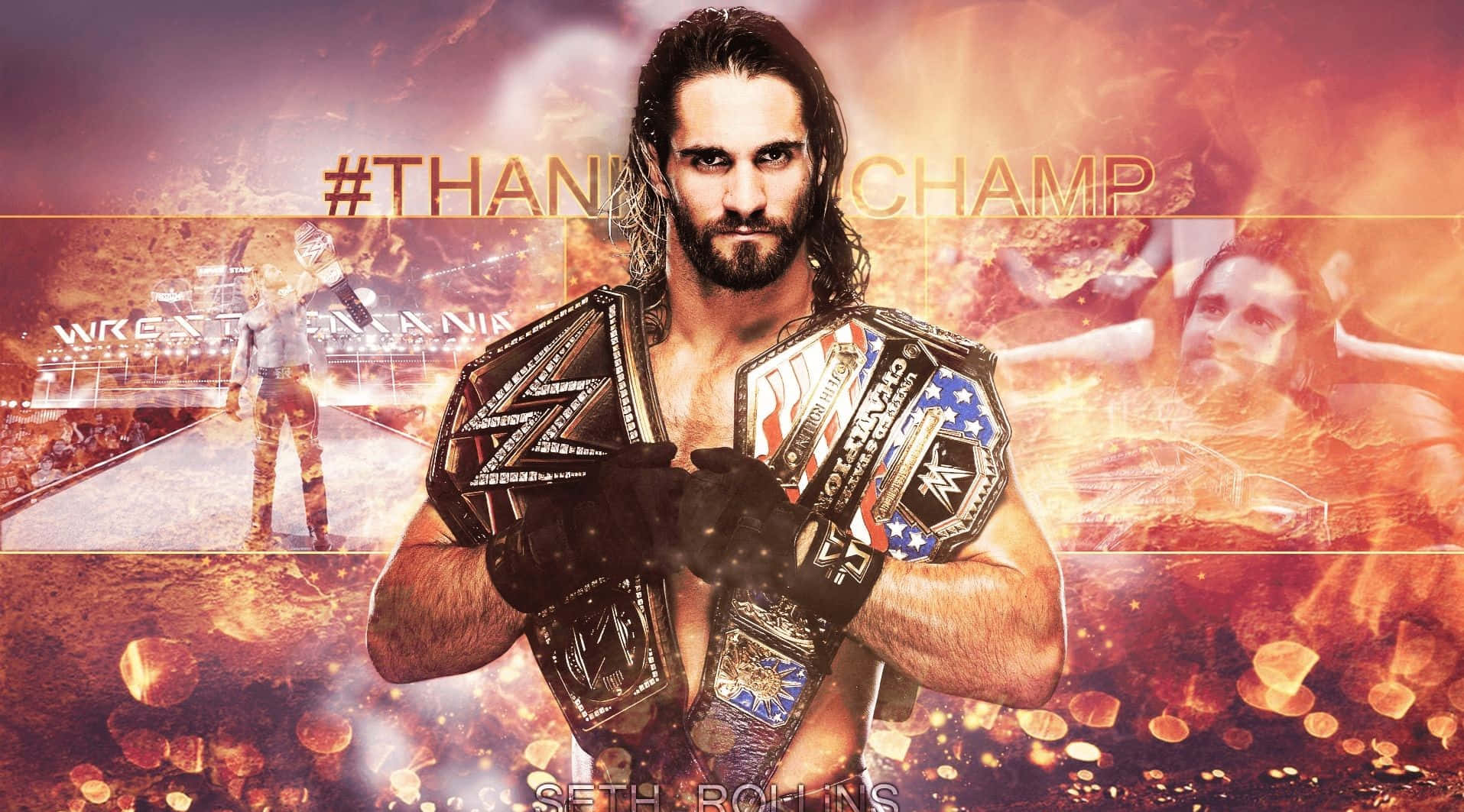 Seth Rollins, championship belts, fiery backdrop, HD Desktop Wallpaper