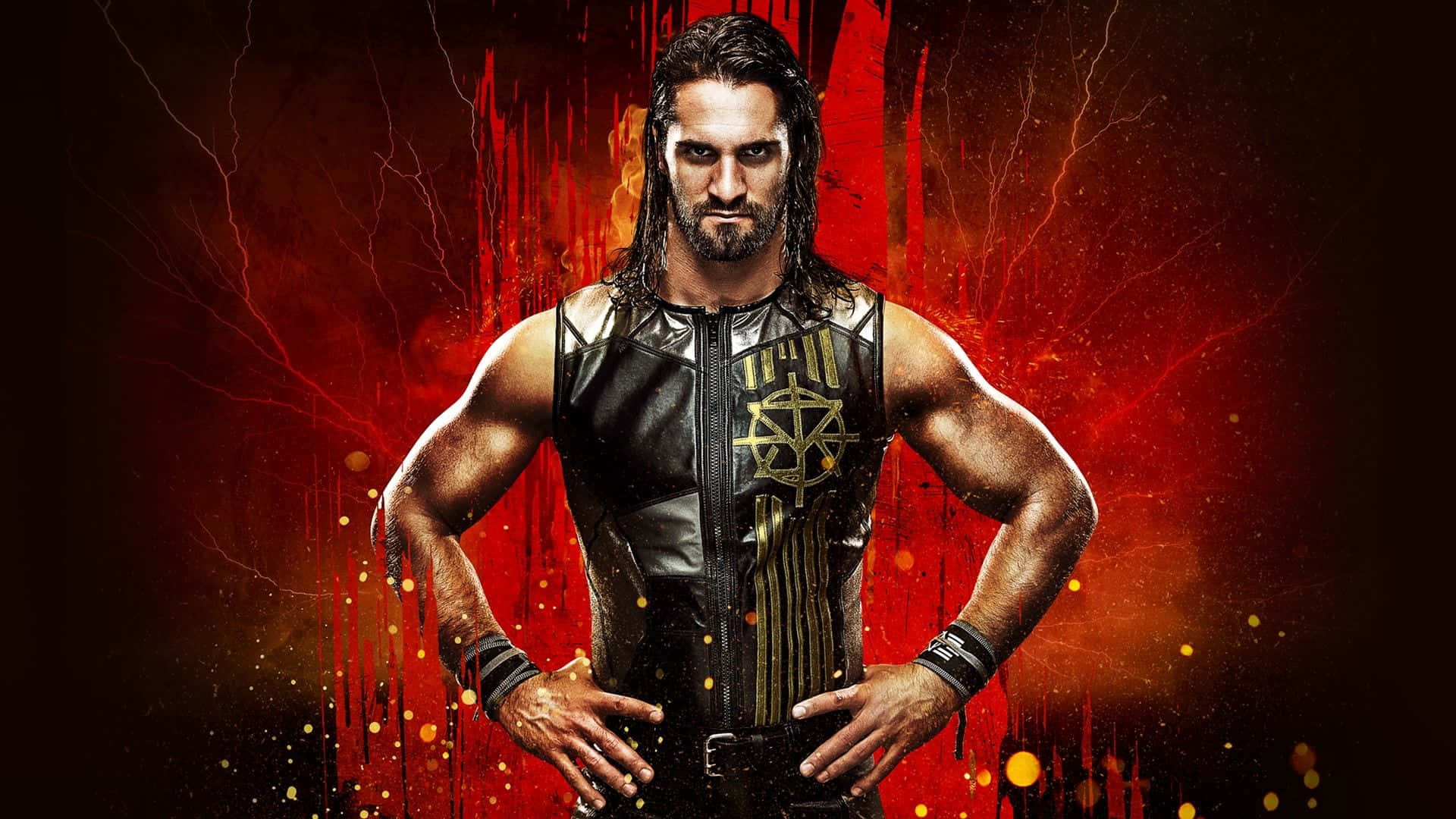 Seth Rollins, black leather vest, gold emblem, Full HD Desktop Wallpaper