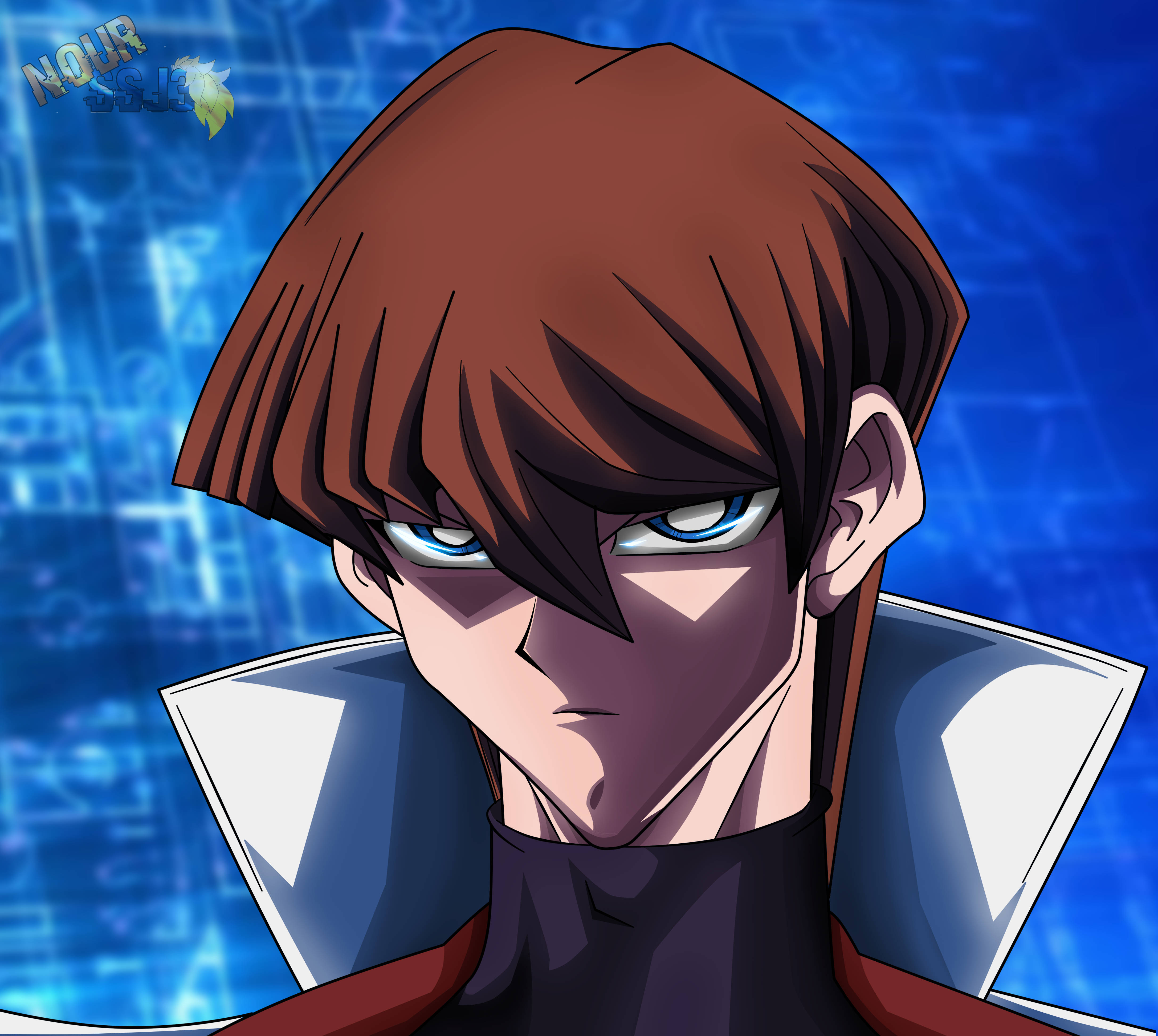 Kaiba, blue background, glowing blue digital background, 4K Desktop Wallpaper