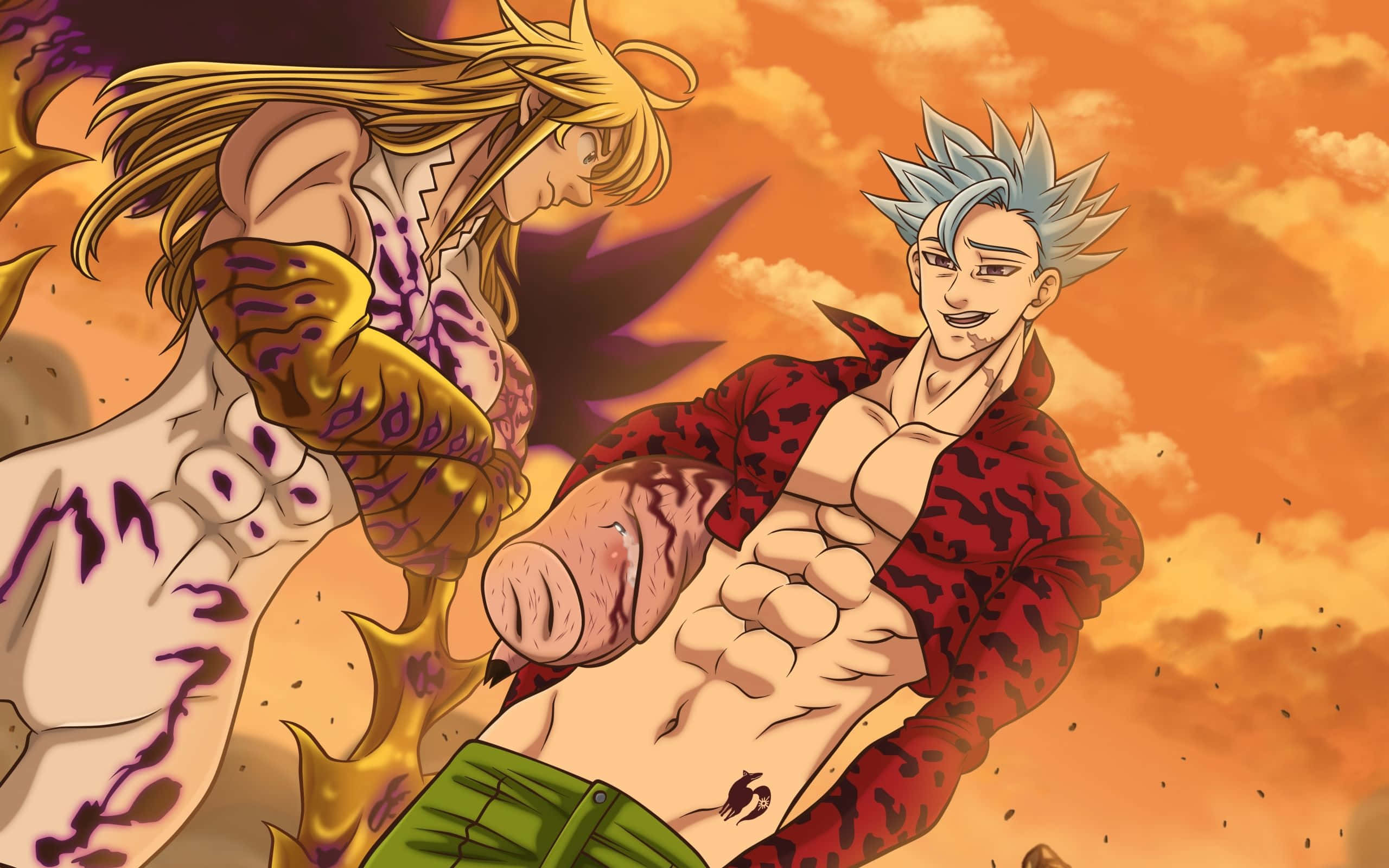 Seven Deadly Sins Ban, anime characters, fiery orange sky, 2K Desktop Wallpaper
