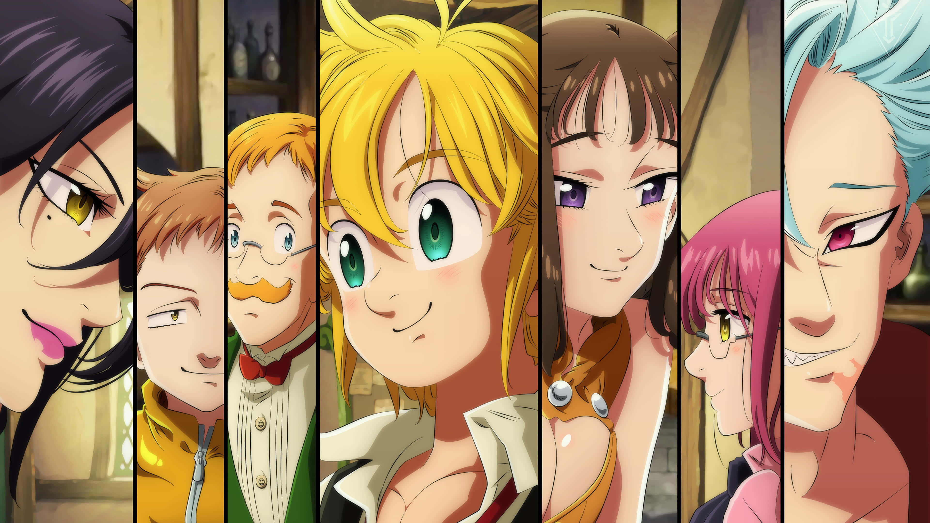 Seven Deadly Sins, anime characters, distinct hair colors, 4K Desktop Wallpaper
