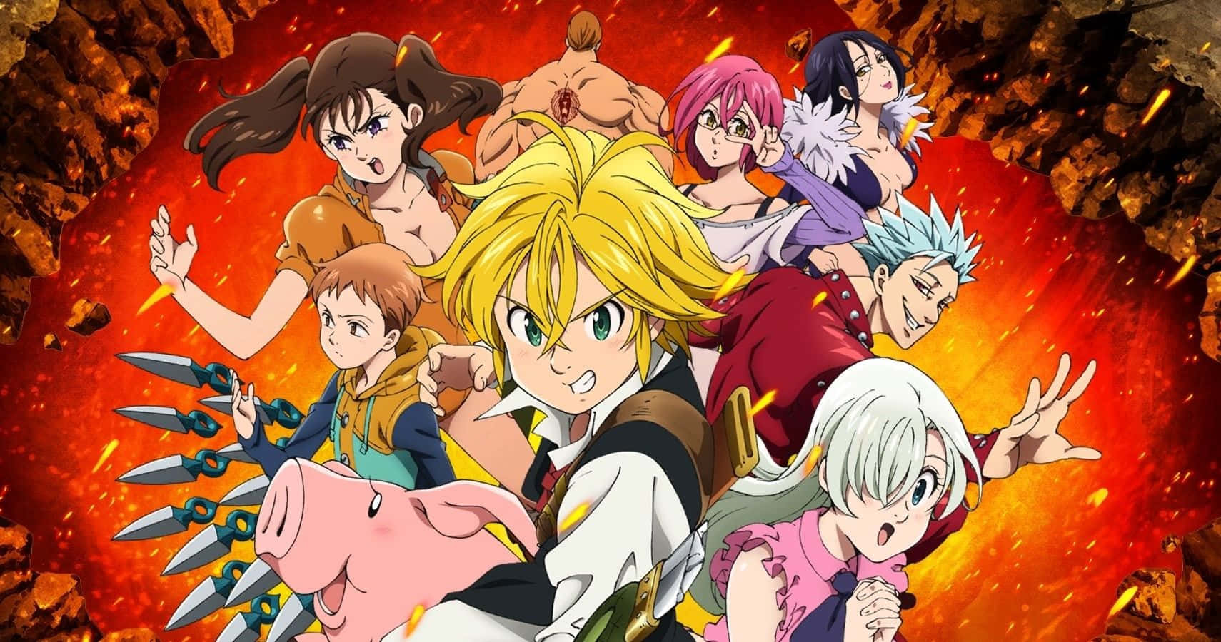 Seven Deadly Sins Derieri, anime group, fiery rock, HD Desktop Wallpaper