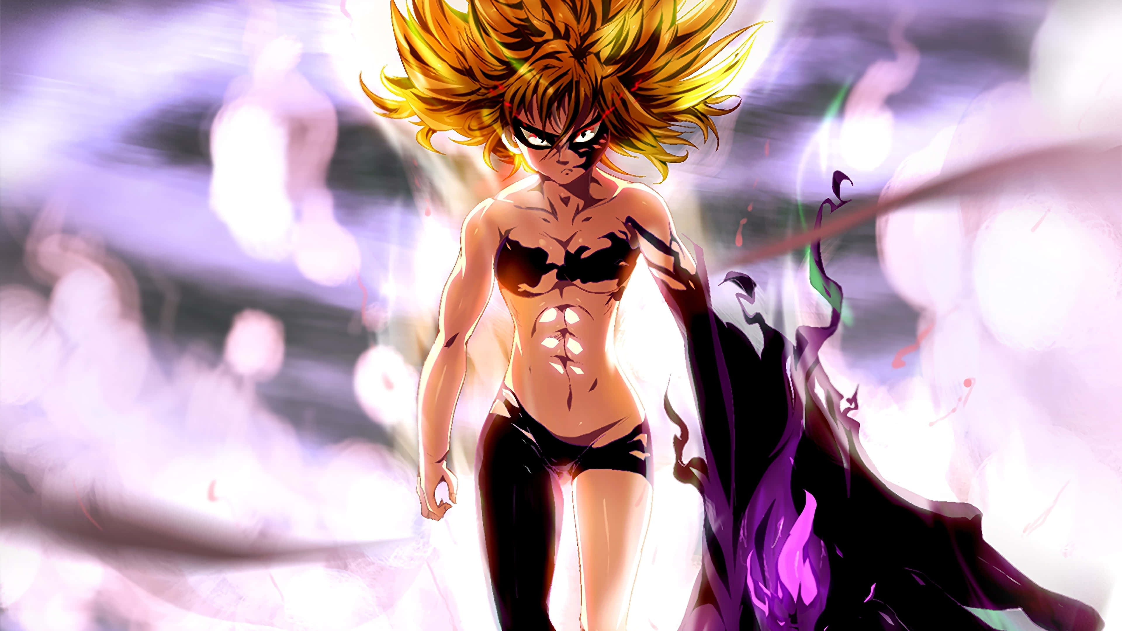 Seven Deadly Sins Derieri, spiky golden hair, glowing eyes, 4K Desktop Wallpaper