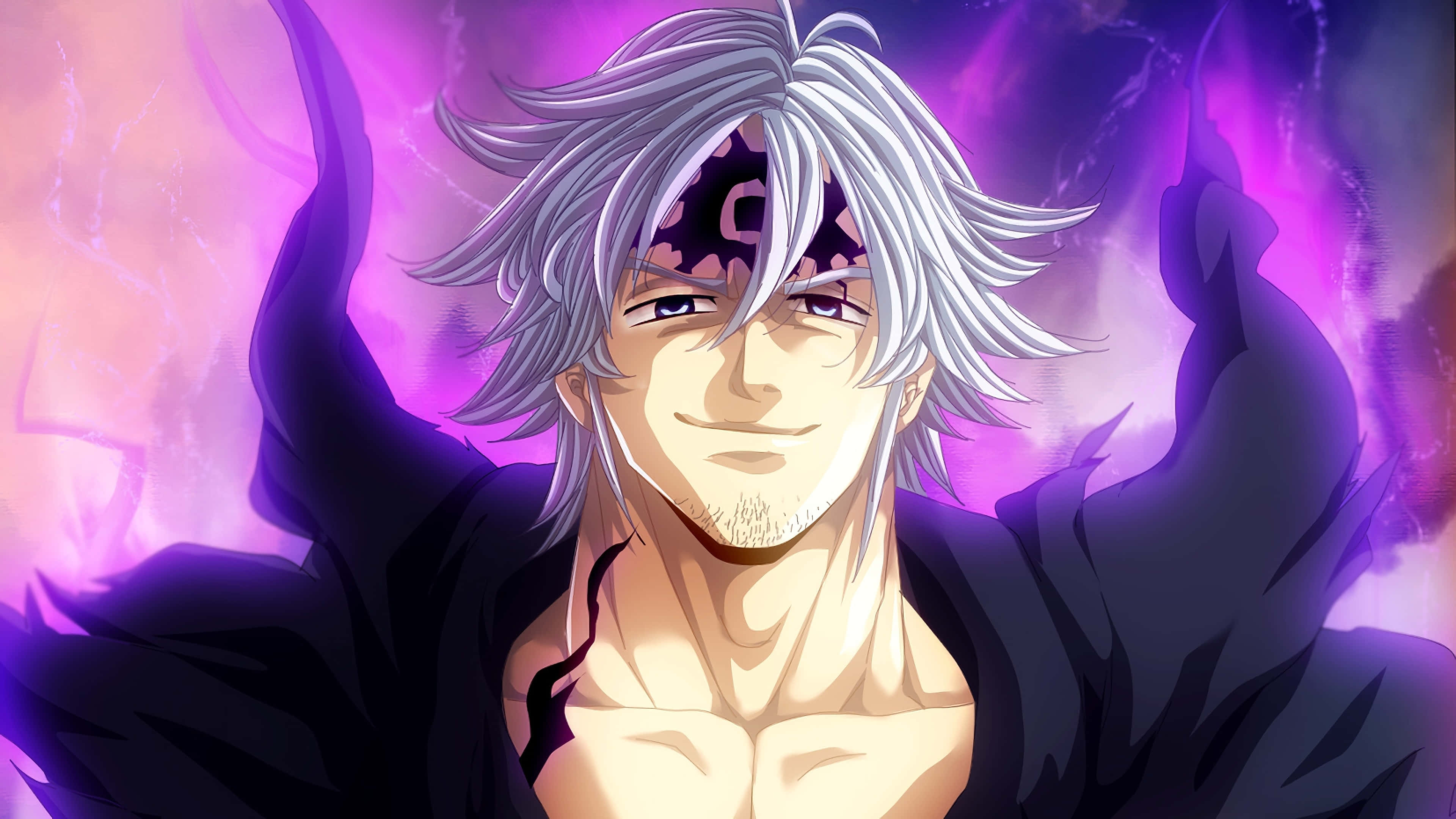 Seven Deadly Sins Estarossa, silver-haired anime man, vibrant purple and pink energy aura, 4K Desktop Wallpaper