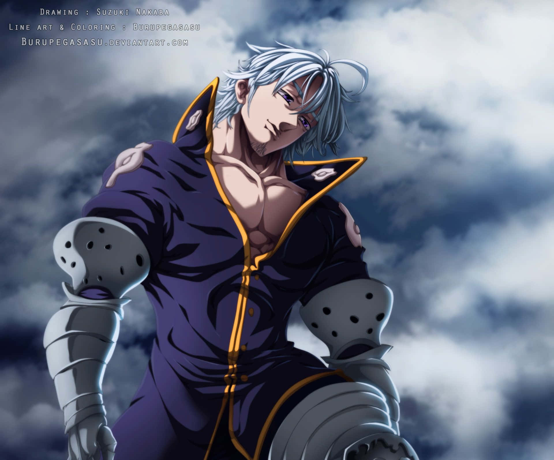 Seven Deadly Sins Estarossa, silver-haired anime warrior, purple and gold armor, Full HD Desktop Wallpaper