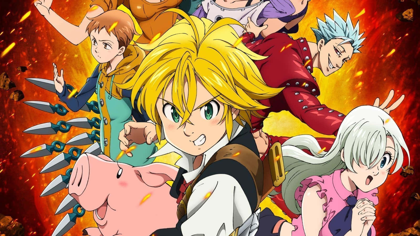 The Seven Deadly Sins, anime characters, fiery explosion background, HD Desktop Wallpaper