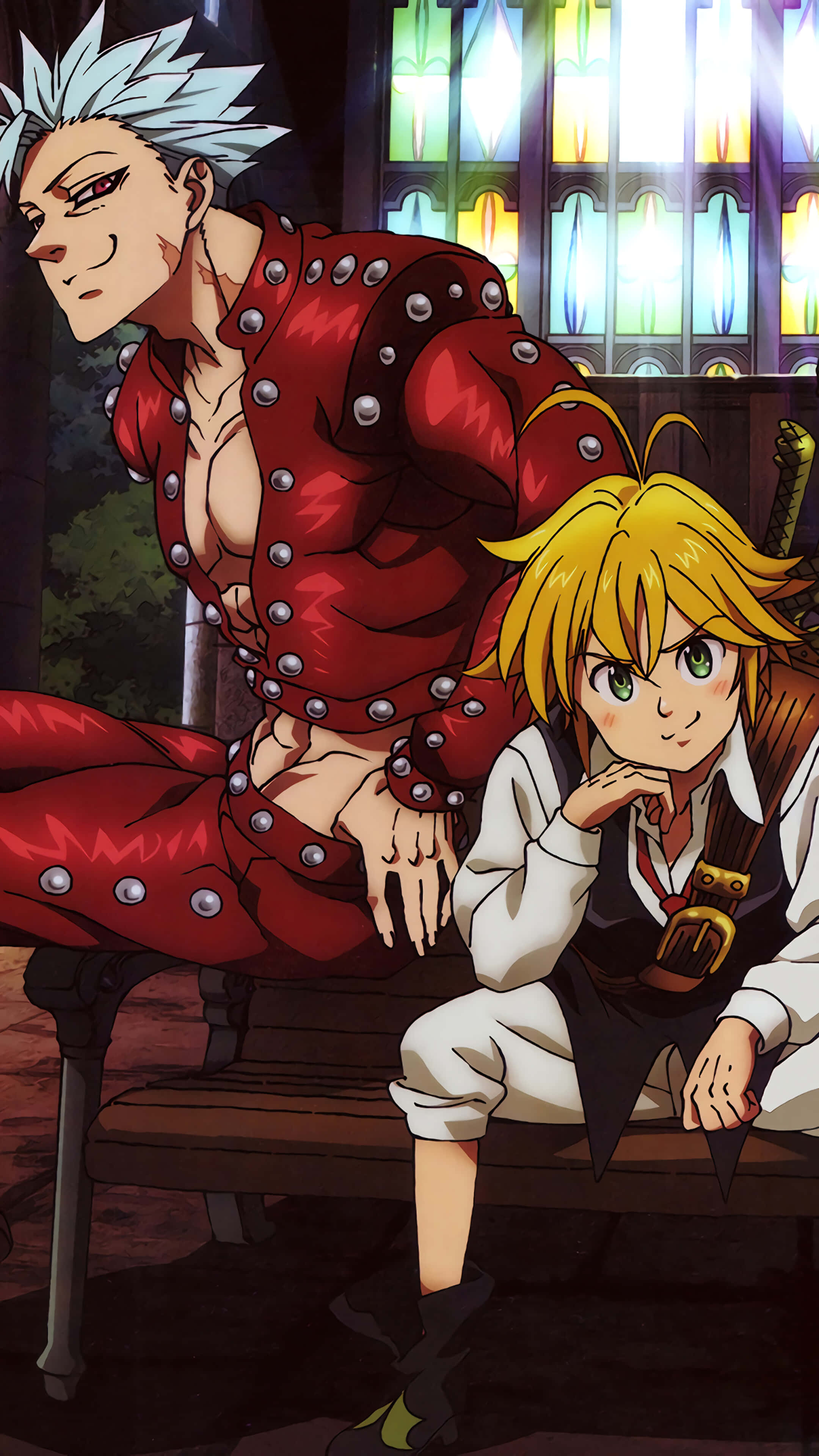 Seven Deadly Sins iPhone, anime characters, stained glass windows, 4K Phone Wallpaper