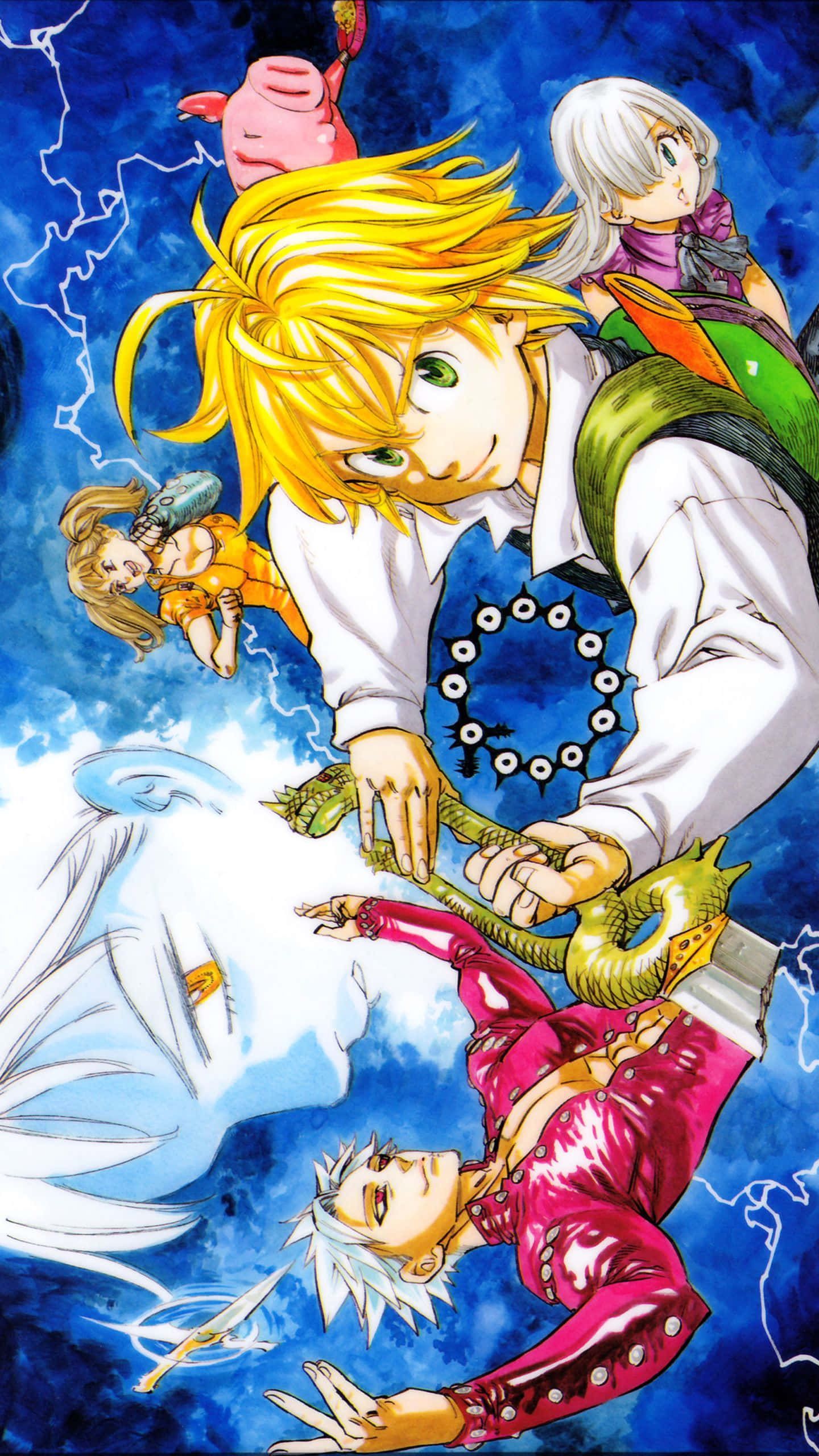 Seven Deadly Sins iPhone, anime characters, stormy blue skies, 2K Phone Wallpaper