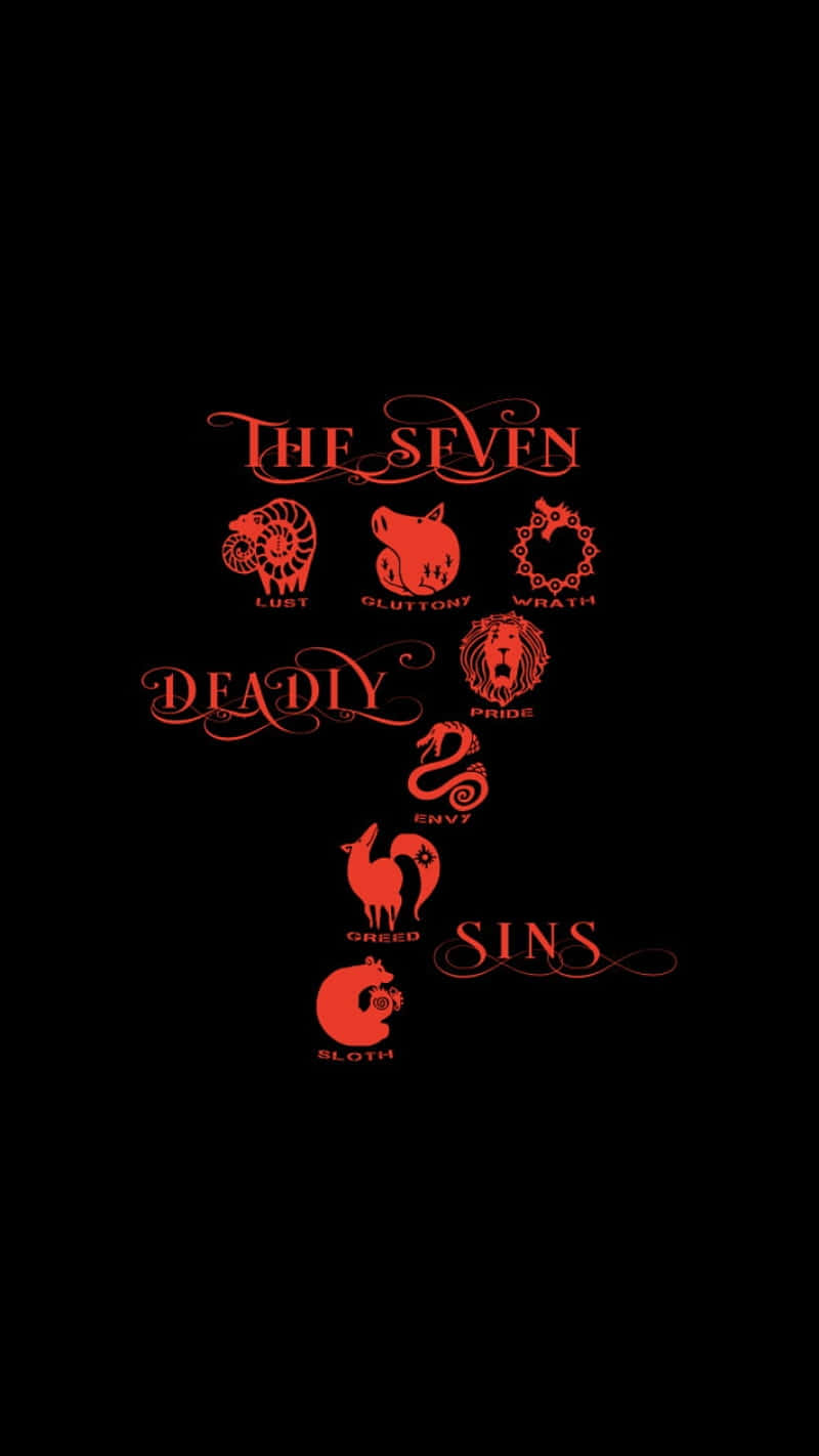 Seven Deadly Sins, glowing red script, icons, HD Phone Wallpaper