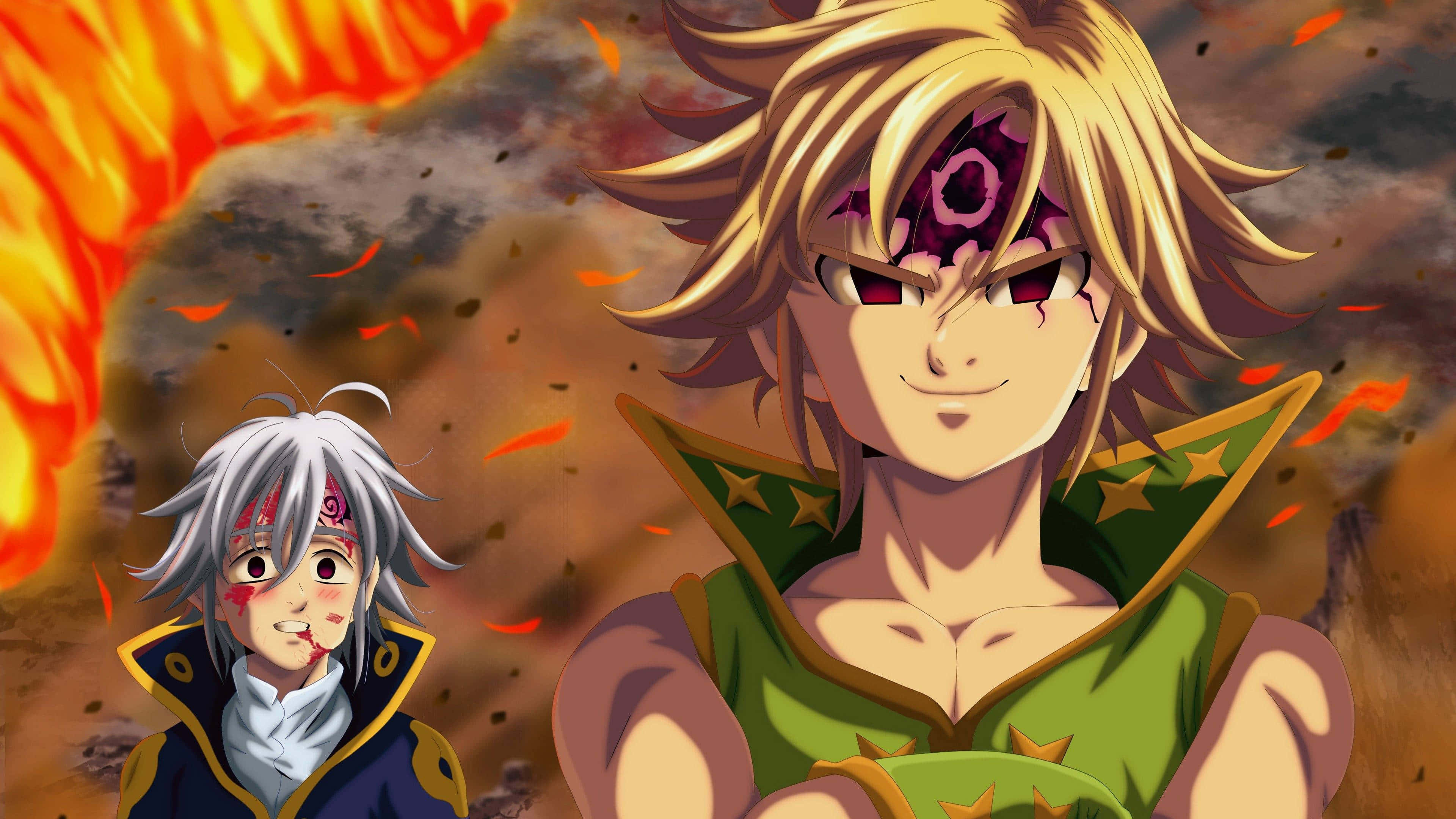 Seven Deadly Sins, anime characters, fiery chaos, 4K Desktop Wallpaper