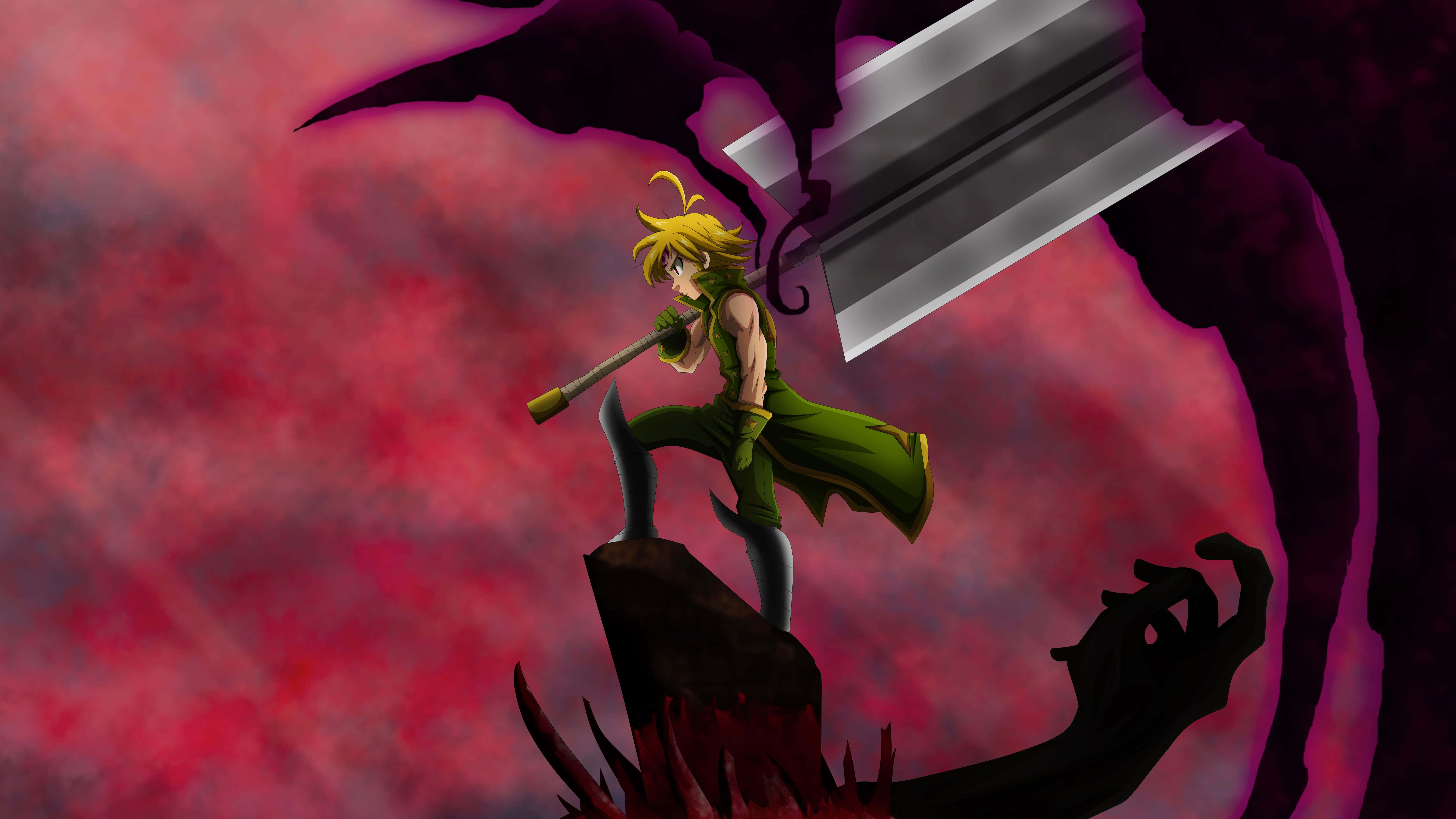 Seven Deadly Sins, golden-haired anime warrior, green armor, 8K Desktop Wallpaper