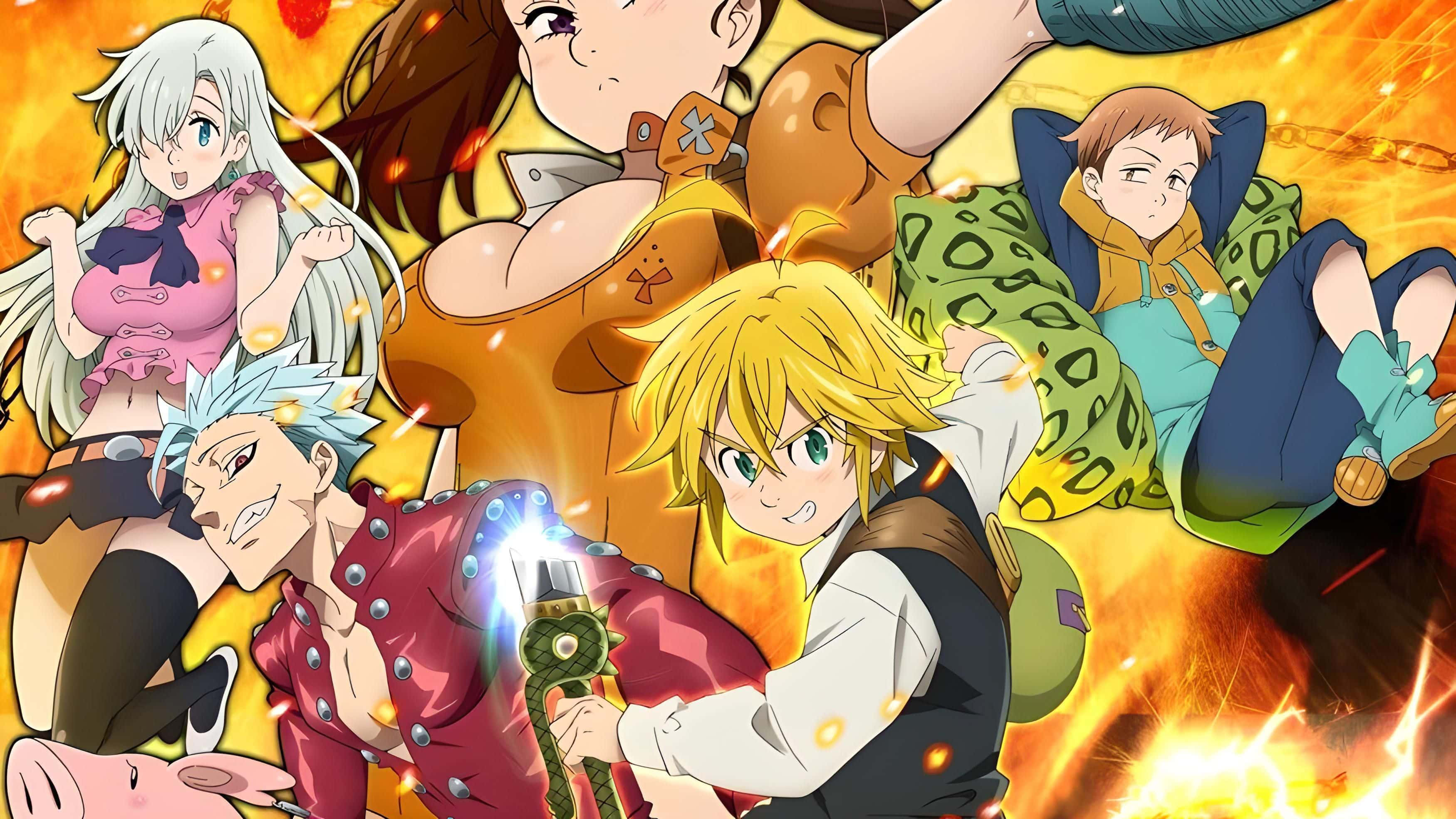 The Seven Deadly Sins, anime characters, fiery orange and yellow explosions, 2K Desktop Wallpaper