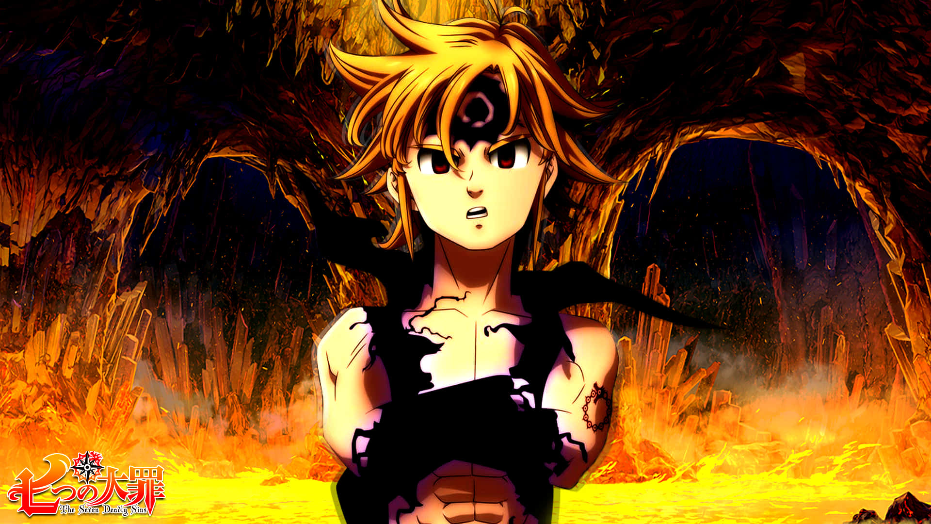 Seven Deadly Sins, fiery-haired anime boy, black eye patch, Full HD Desktop Wallpaper