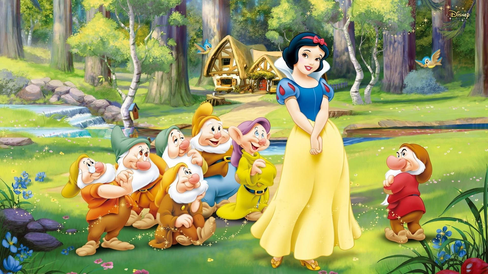 Snow White, Seven Dwarfs, sunlit forest clearing, Full HD Desktop Wallpaper