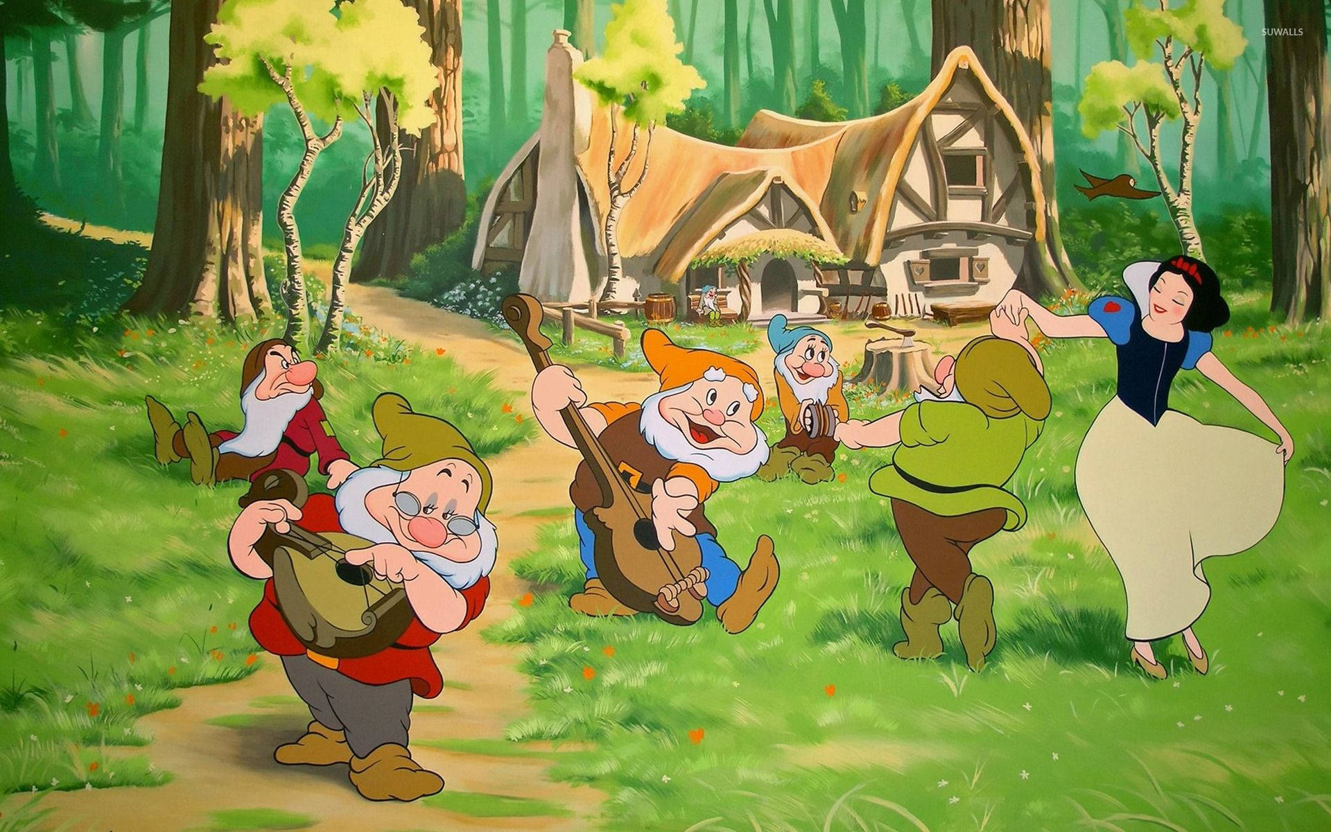 Snow White, seven dwarfs, sunlit forest clearing, Full HD Desktop Wallpaper