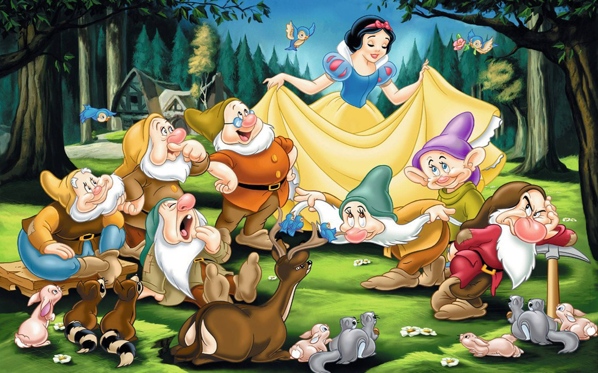 Snow White, Seven Dwarfs, sunlit forest clearing, Full HD Desktop Wallpaper