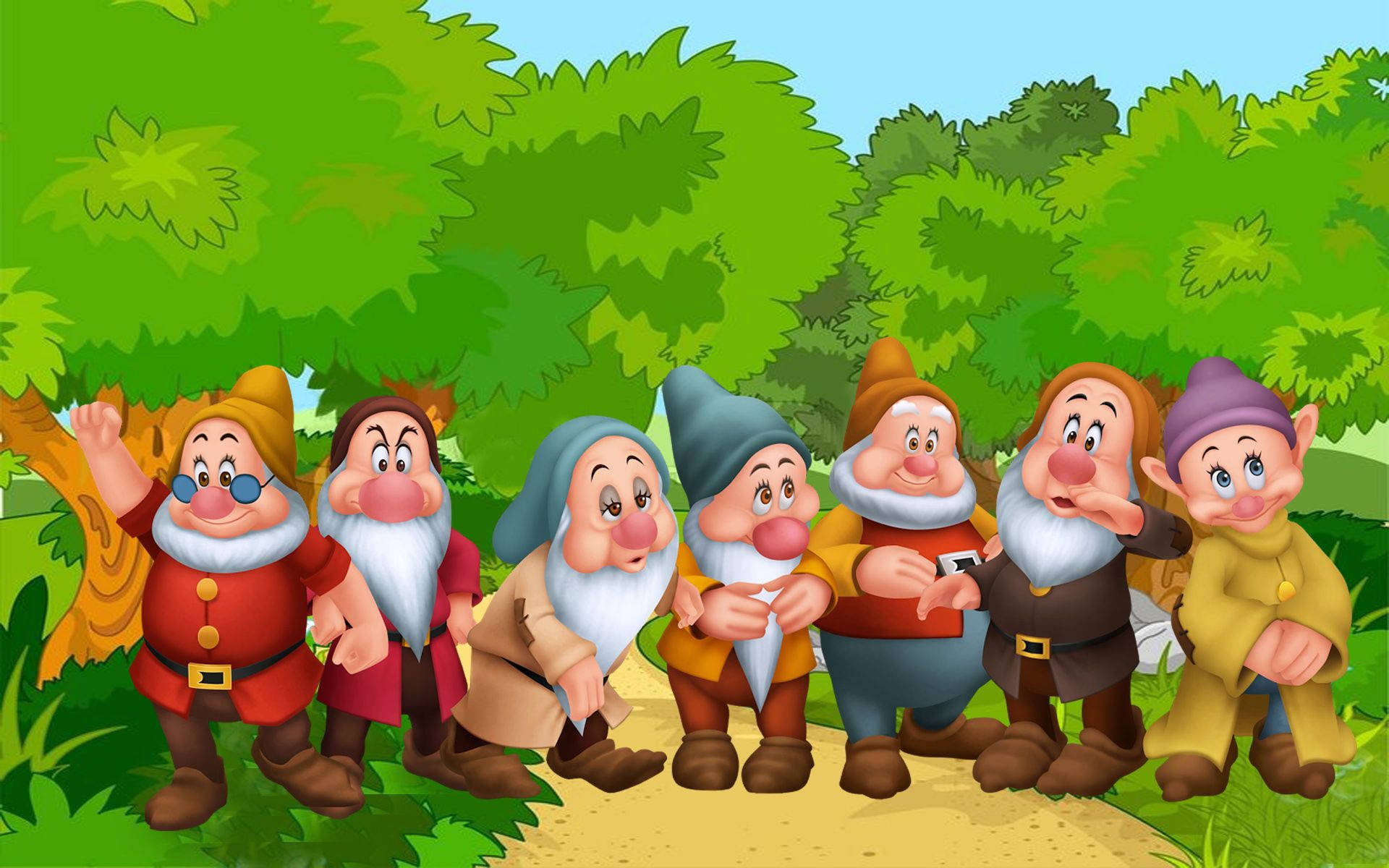 Seven Dwarfs, cartoon dwarfs, vibrant green forest, Full HD Desktop Wallpaper