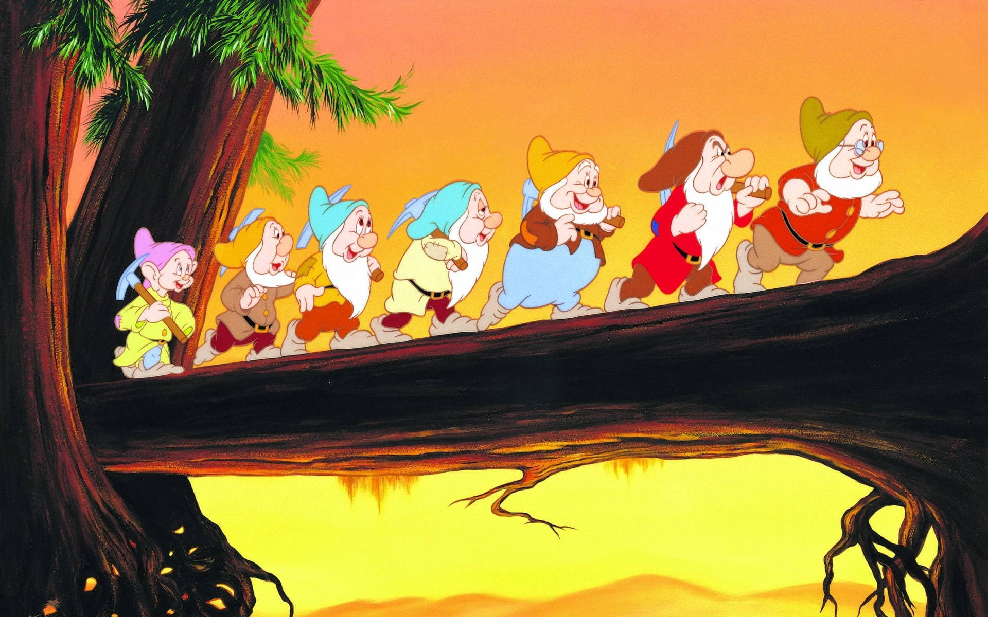 Seven Dwarfs, pickaxes, tree branch, Full HD Desktop Wallpaper