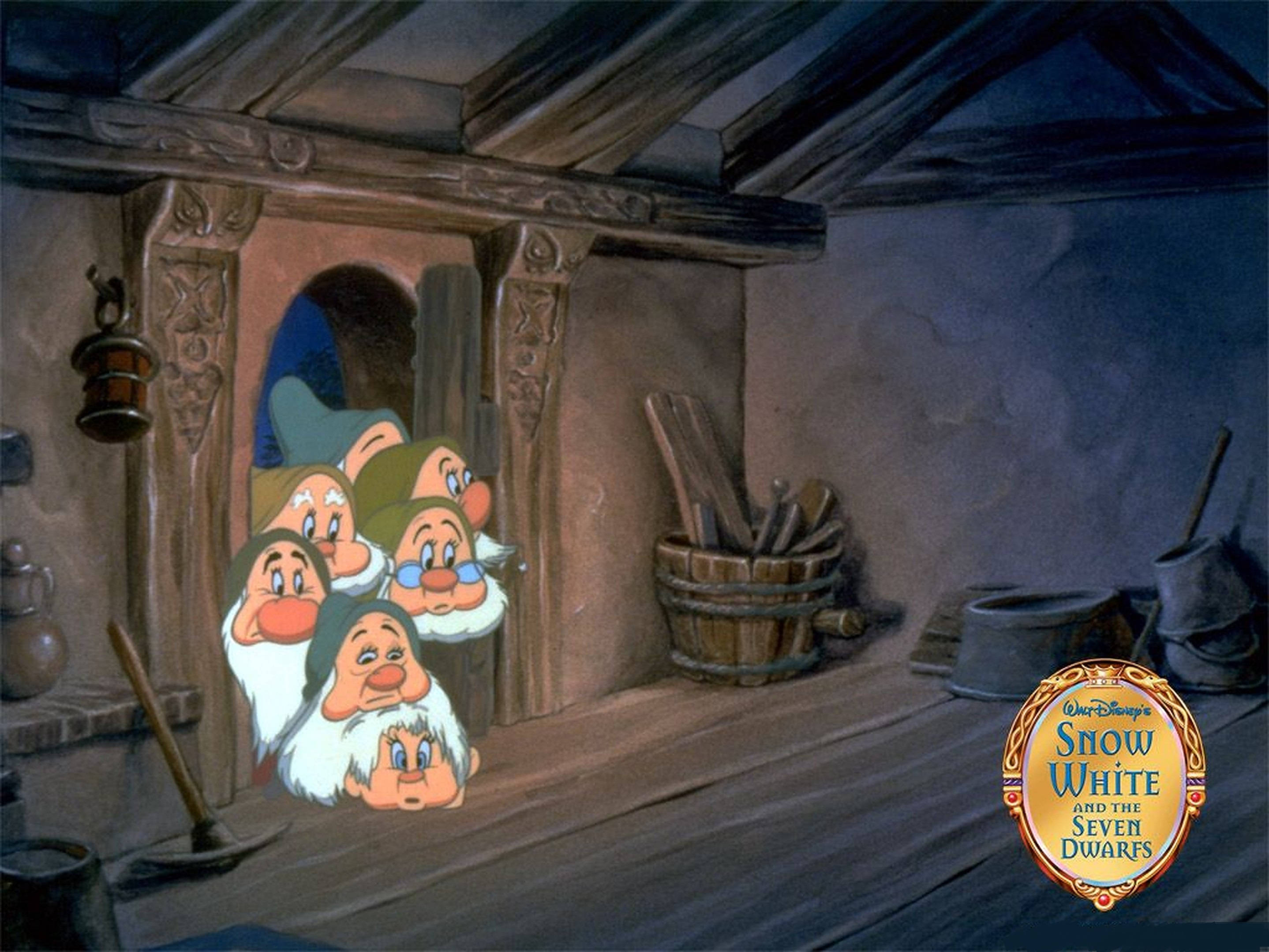 Seven Dwarfs, animated dwarfs, rustic wooden doorway, 2K Desktop Wallpaper