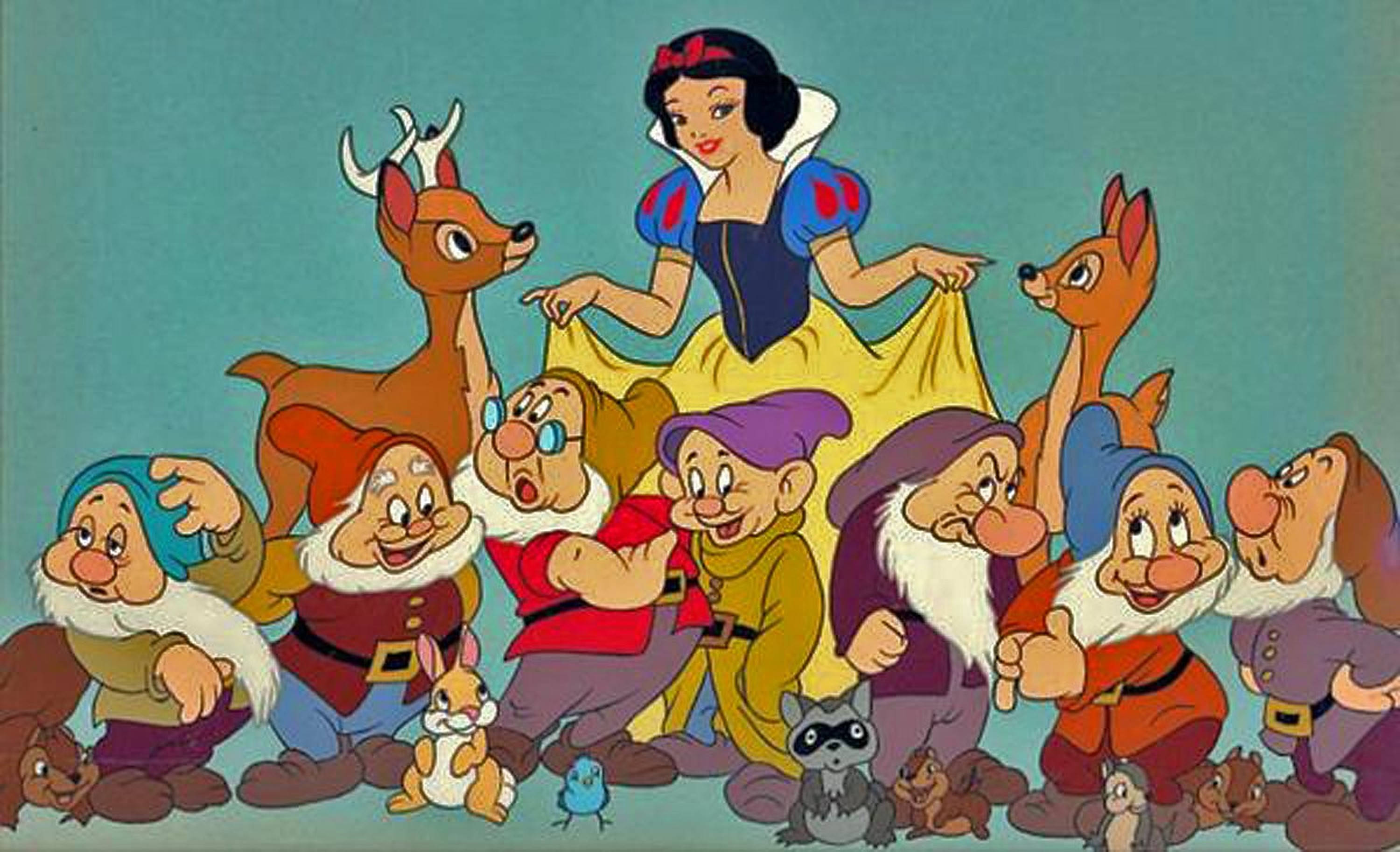 Seven Dwarfs, Snow White, teal background, 2K Desktop Wallpaper