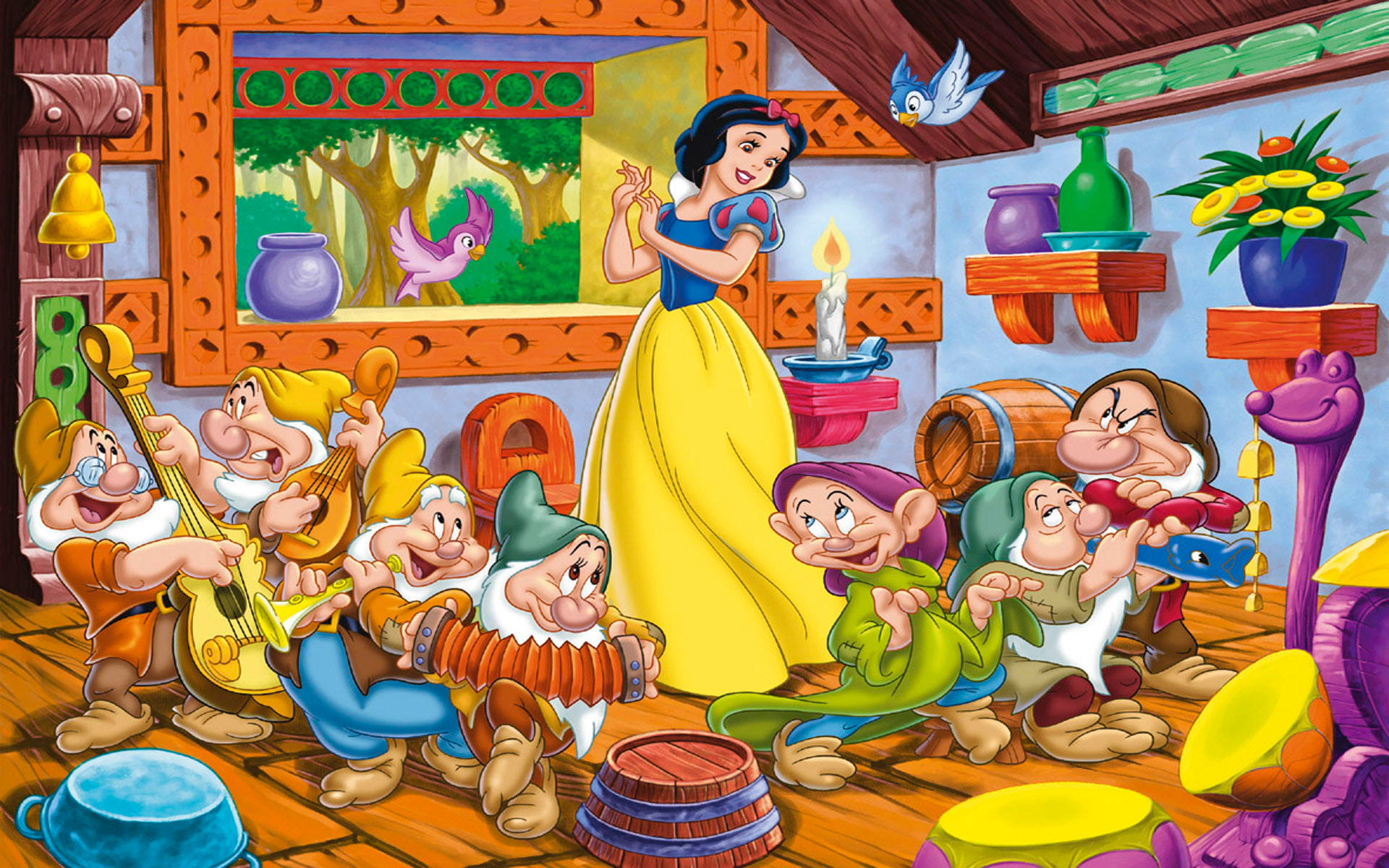 Seven Dwarfs, Snow White, colorful cottage, Full HD Desktop Wallpaper