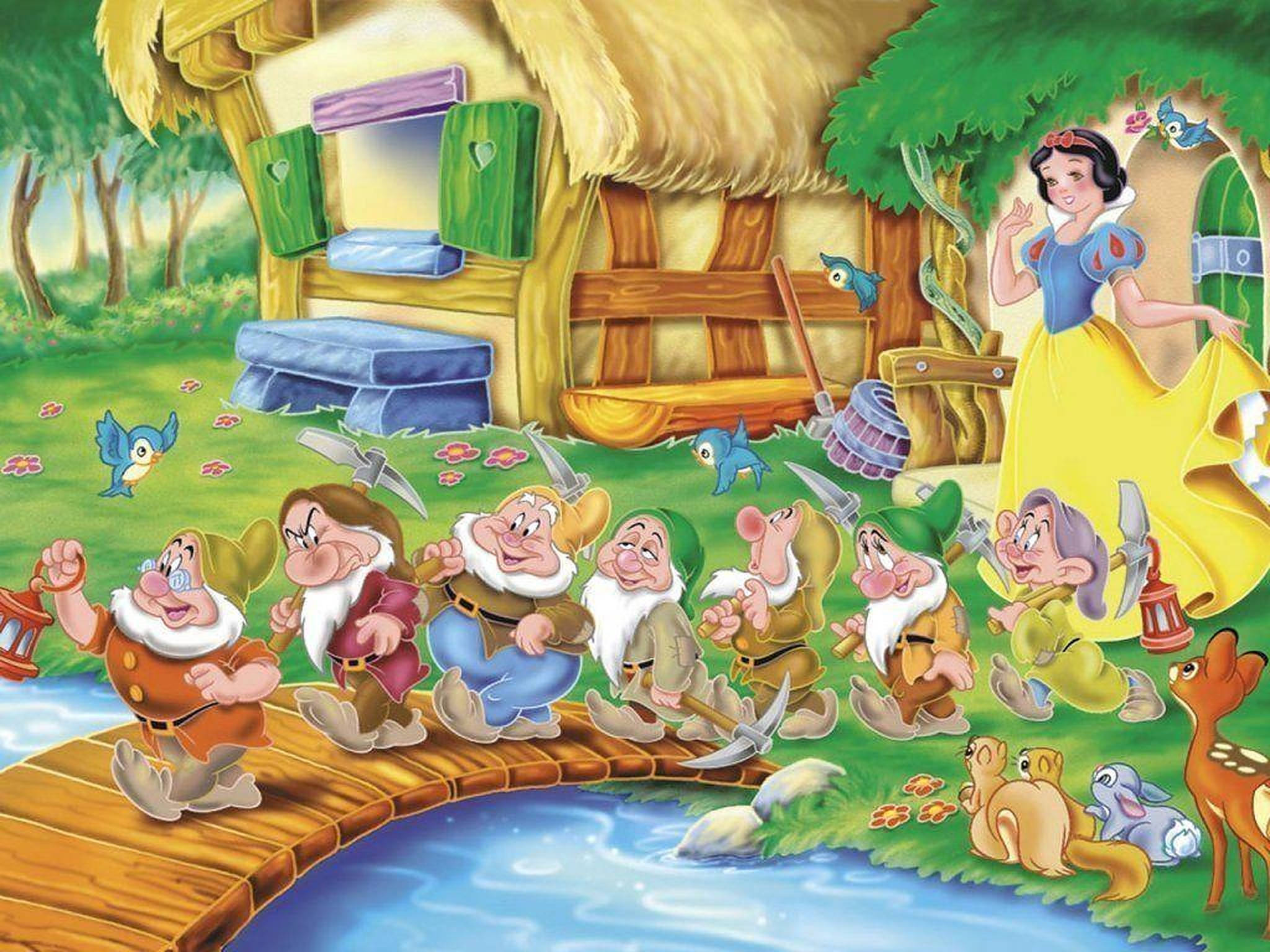 Seven Dwarfs, Snow White, wooden bridge, Full HD Desktop Wallpaper