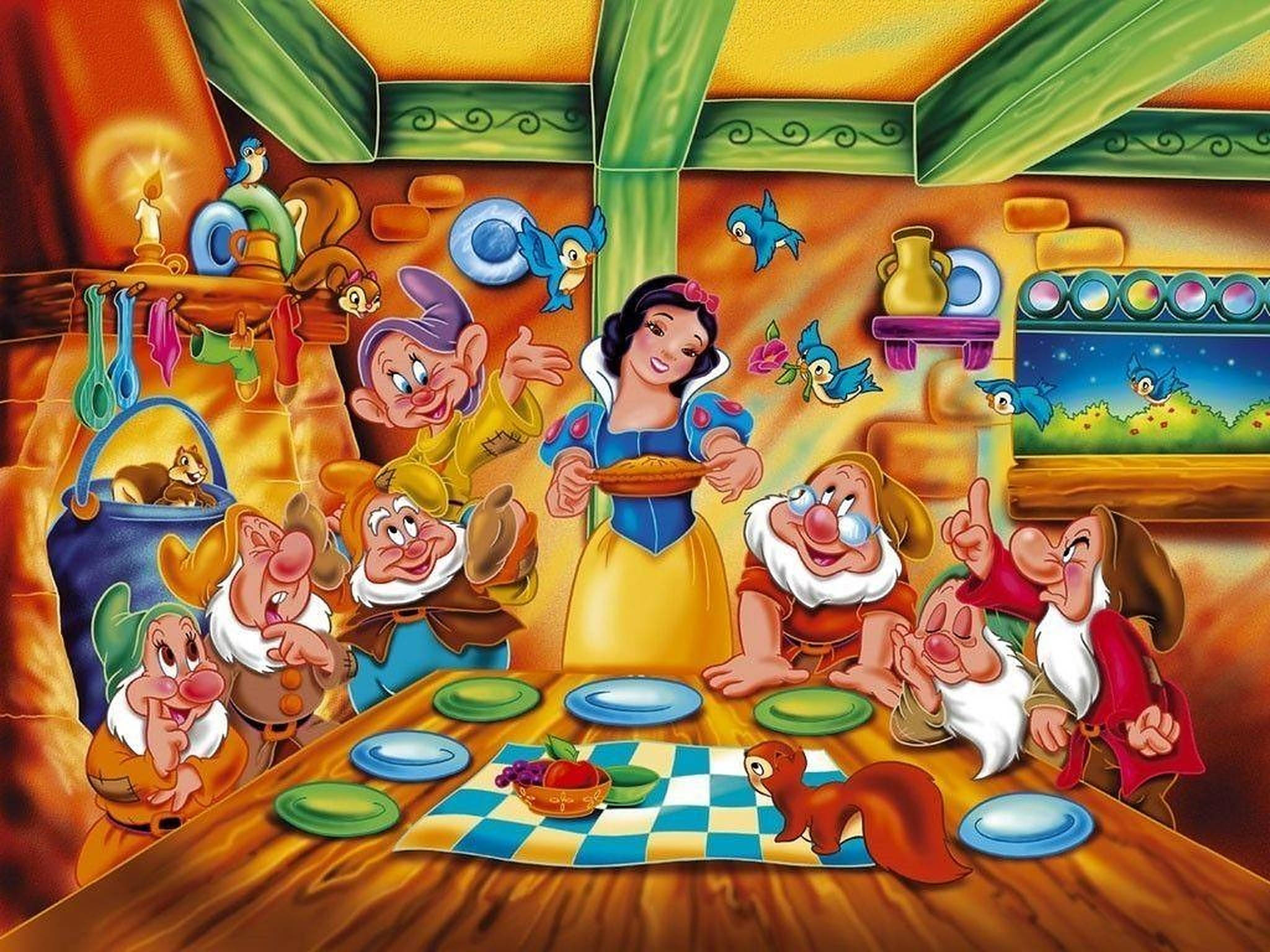 Seven Dwarfs, Snow White, cozy cottage kitchen, Full HD Desktop Wallpaper