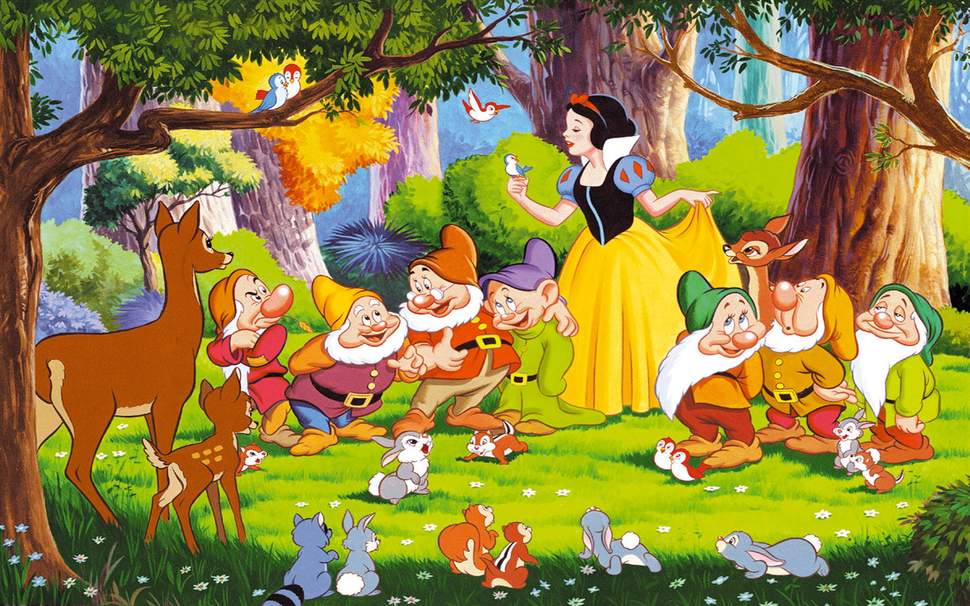 Seven Dwarfs, Snow White, sunlit forest clearing, Full HD Desktop Wallpaper