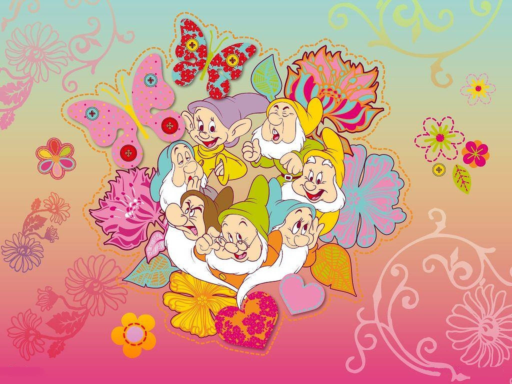 Seven Dwarfs, colorful butterflies, flowers, Full HD Desktop Wallpaper