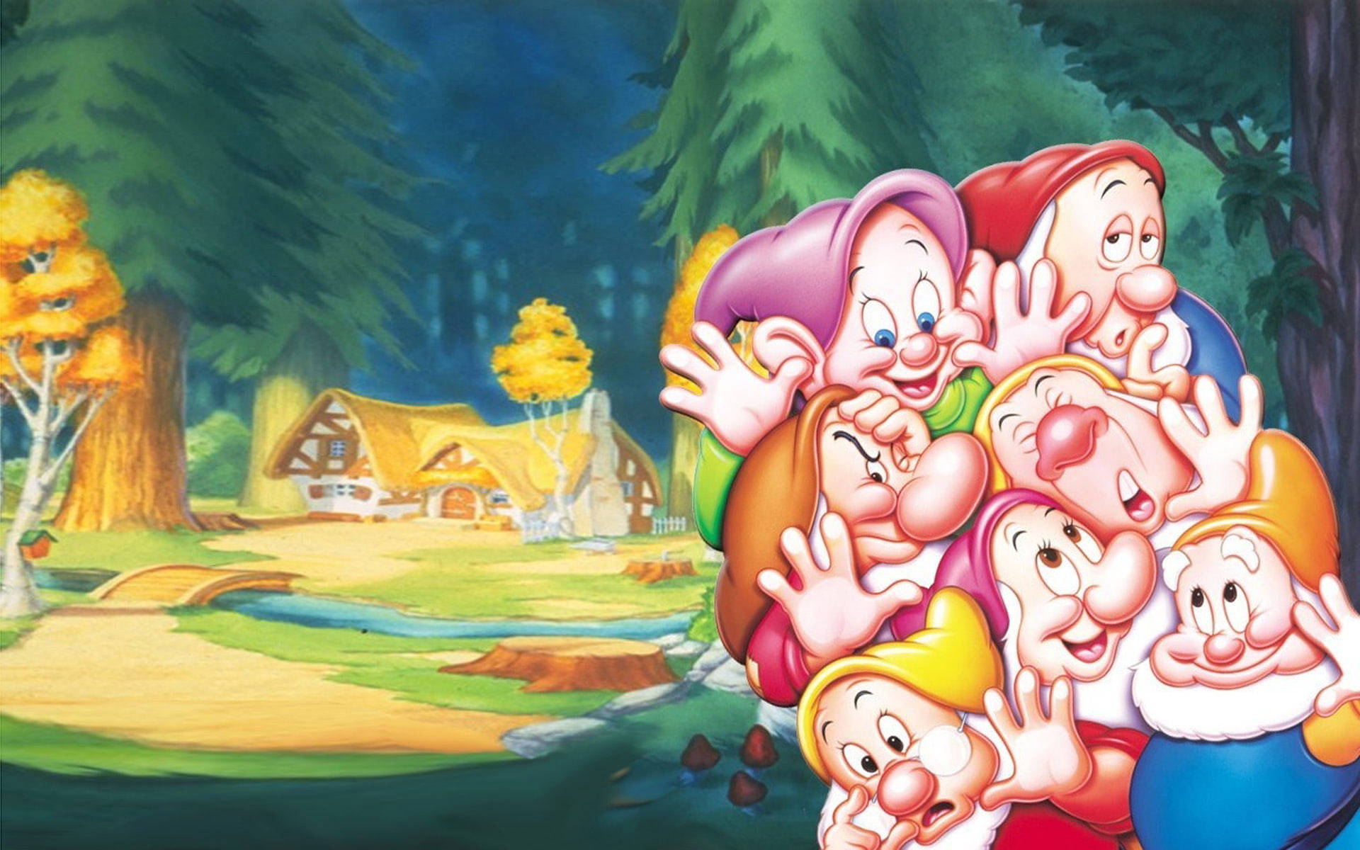 Seven Dwarfs, forest clearing, cozy cottage, Full HD Desktop Wallpaper