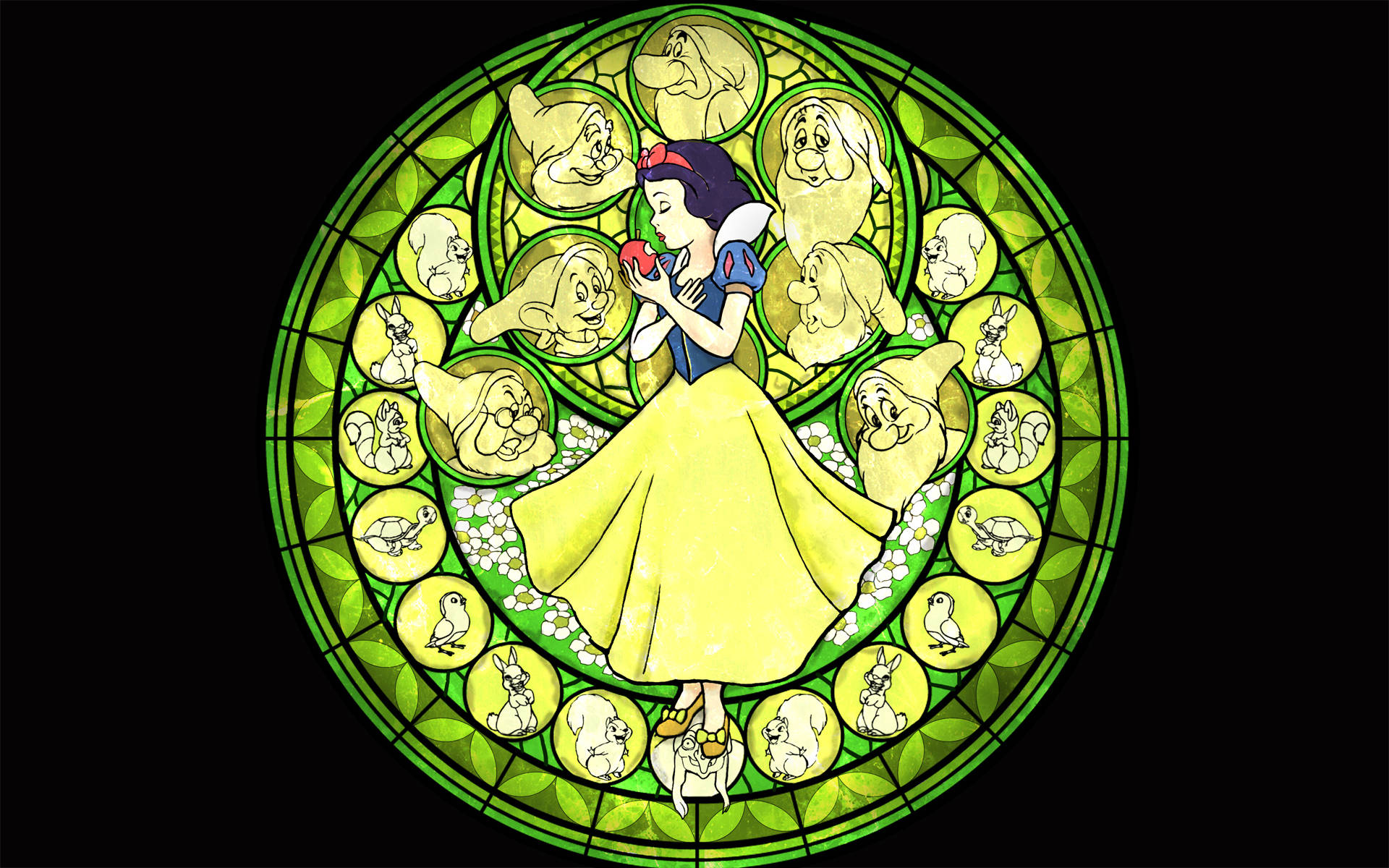 Seven Dwarfs, Snow White, stained glass window, Full HD Desktop Wallpaper