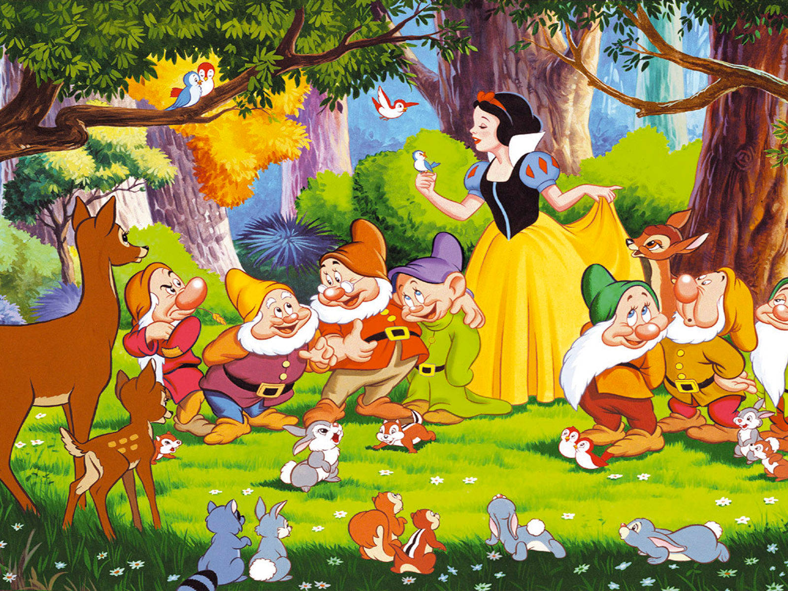 Snow White, Seven Dwarfs, yellow gown, HD Desktop Wallpaper
