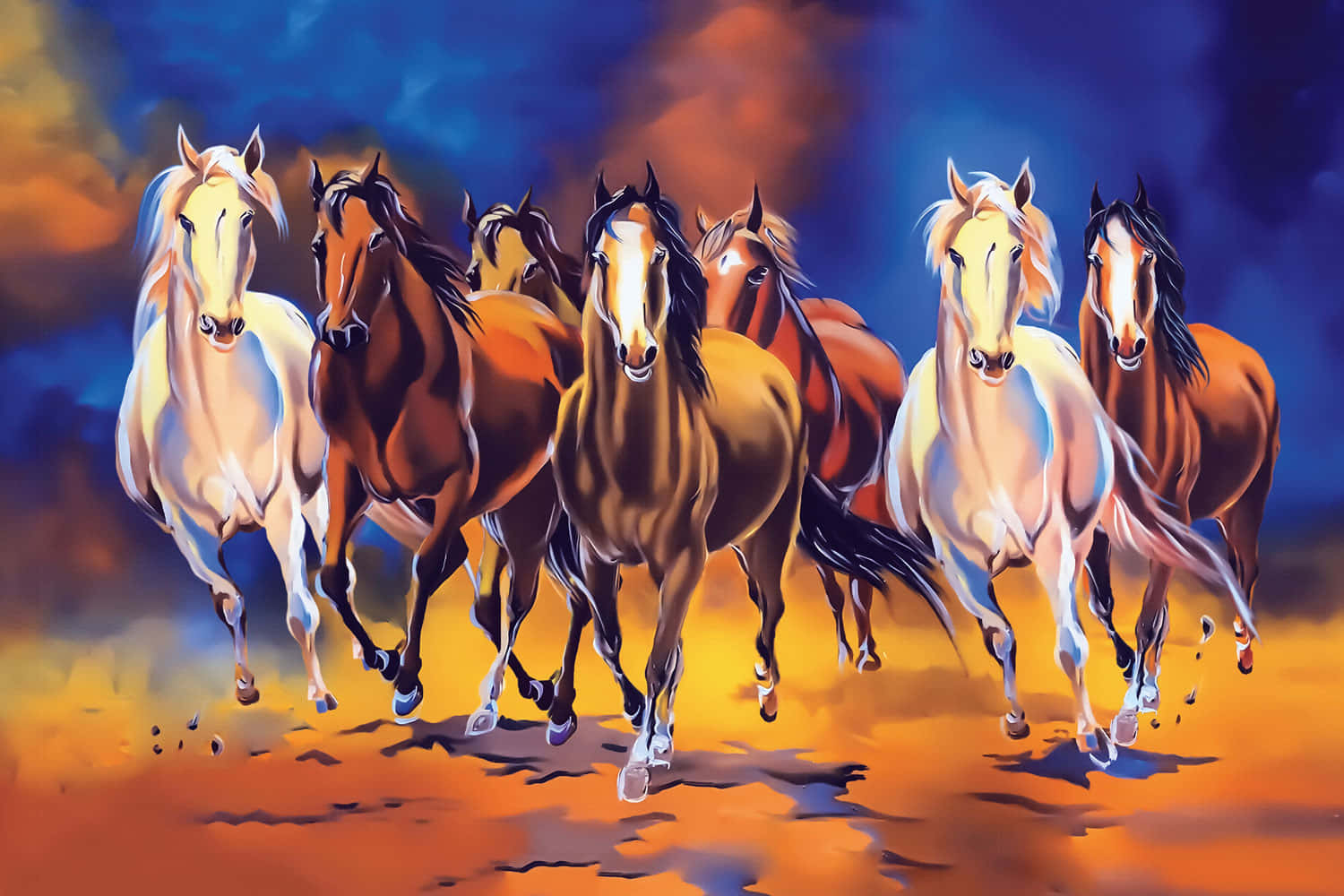 7 Horses With Blue Smoke, blue smoke, fiery orange and deep blue sky, HD Desktop Wallpaper