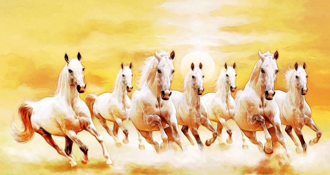 Sunset Seven Horses, seven white horses, golden sky, HD Desktop Wallpaper