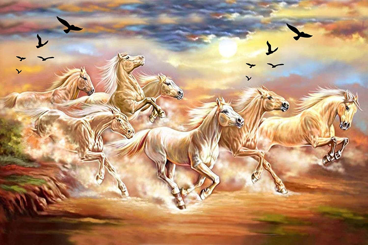 7 White Horses, black birds, dusty plain, HD Desktop Wallpaper