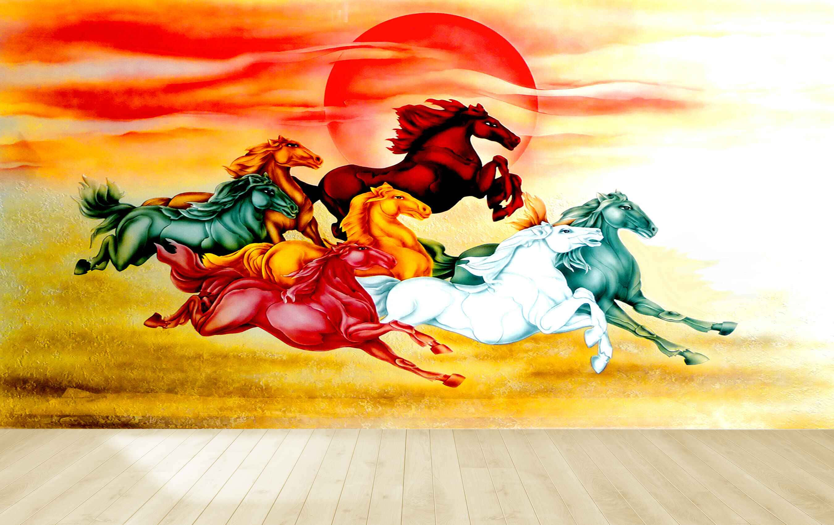 7 Horses, red sun, golden field, 2K Desktop Wallpaper