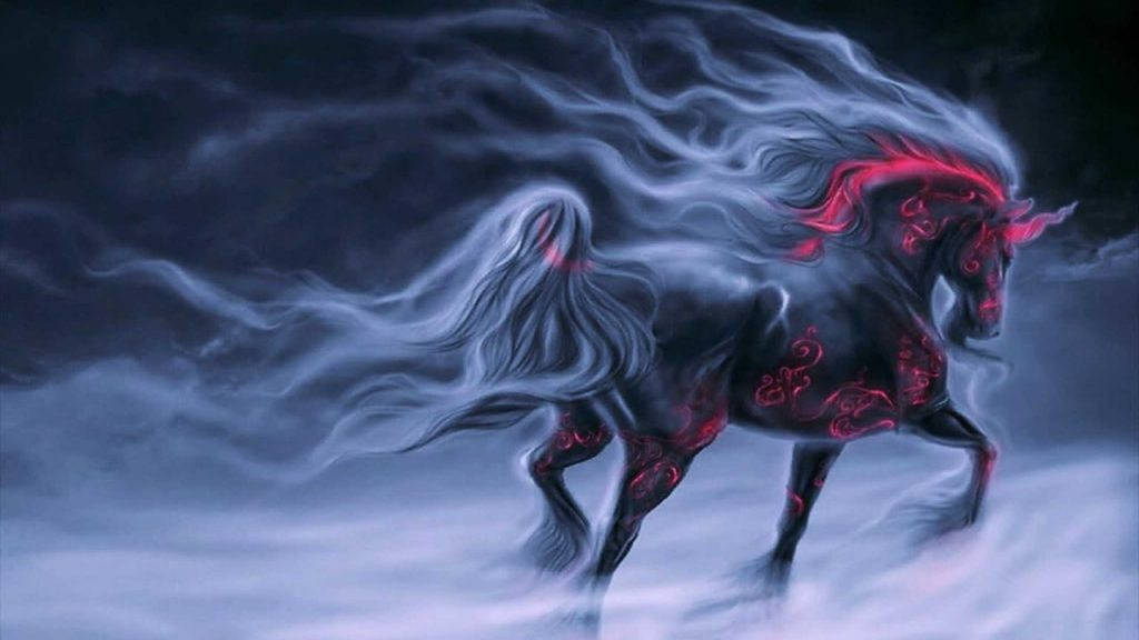 mystical black horse, glowing red patterns, swirling blue mist, SD Desktop Wallpaper