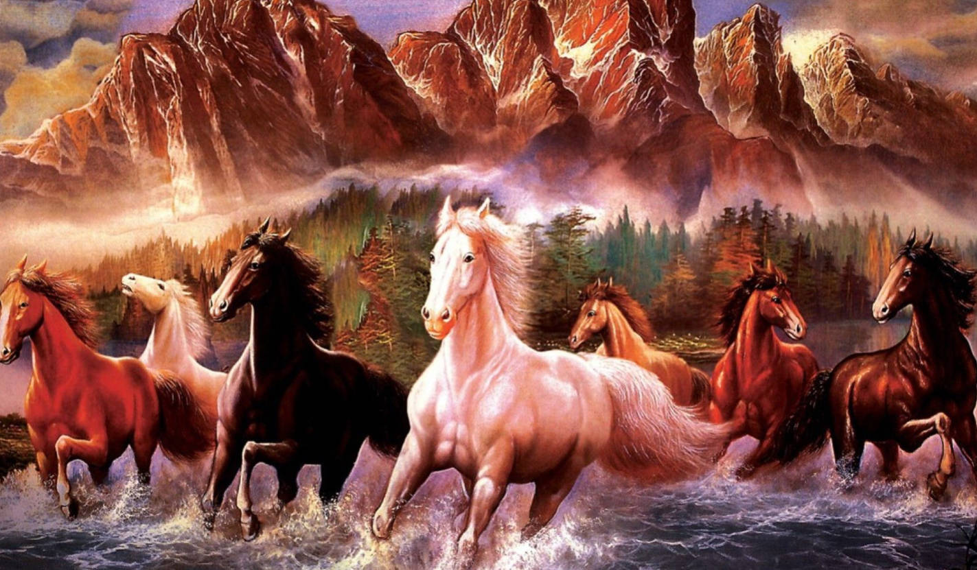 Seven Horses, wild horses, rushing river, HD Desktop Wallpaper