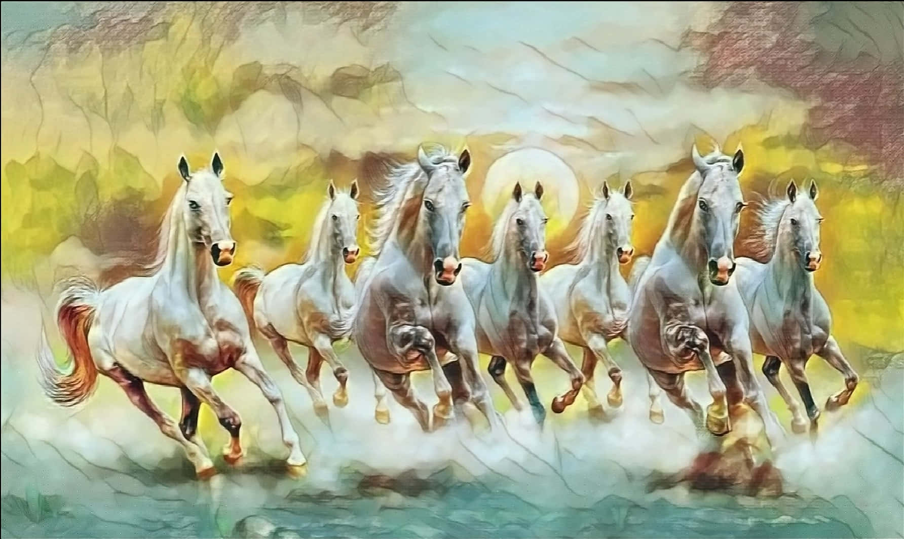 7 White Horses, white horses, misty terrain, HD Desktop Wallpaper