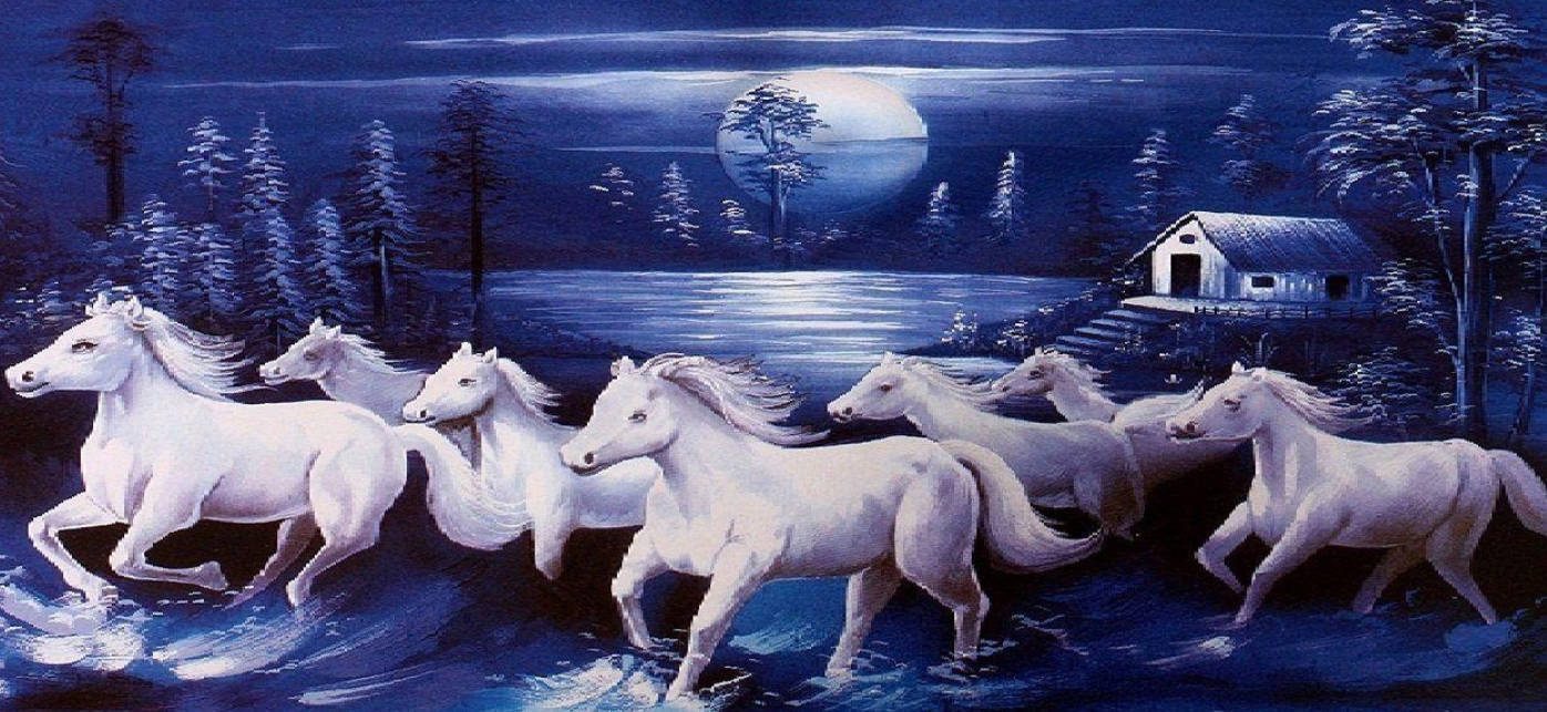 Seven Horses, white horses, full moon, HD Desktop Wallpaper