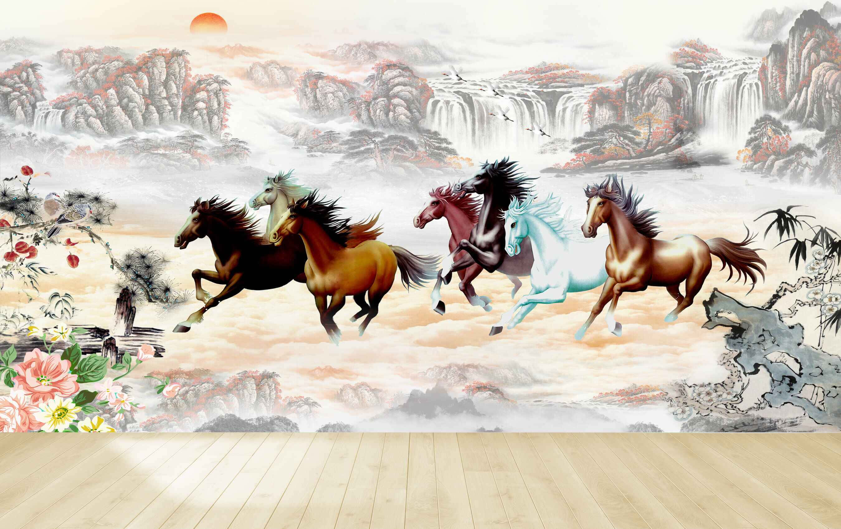 7 Horses, orange mist, mountain landscape, 2K Desktop Wallpaper
