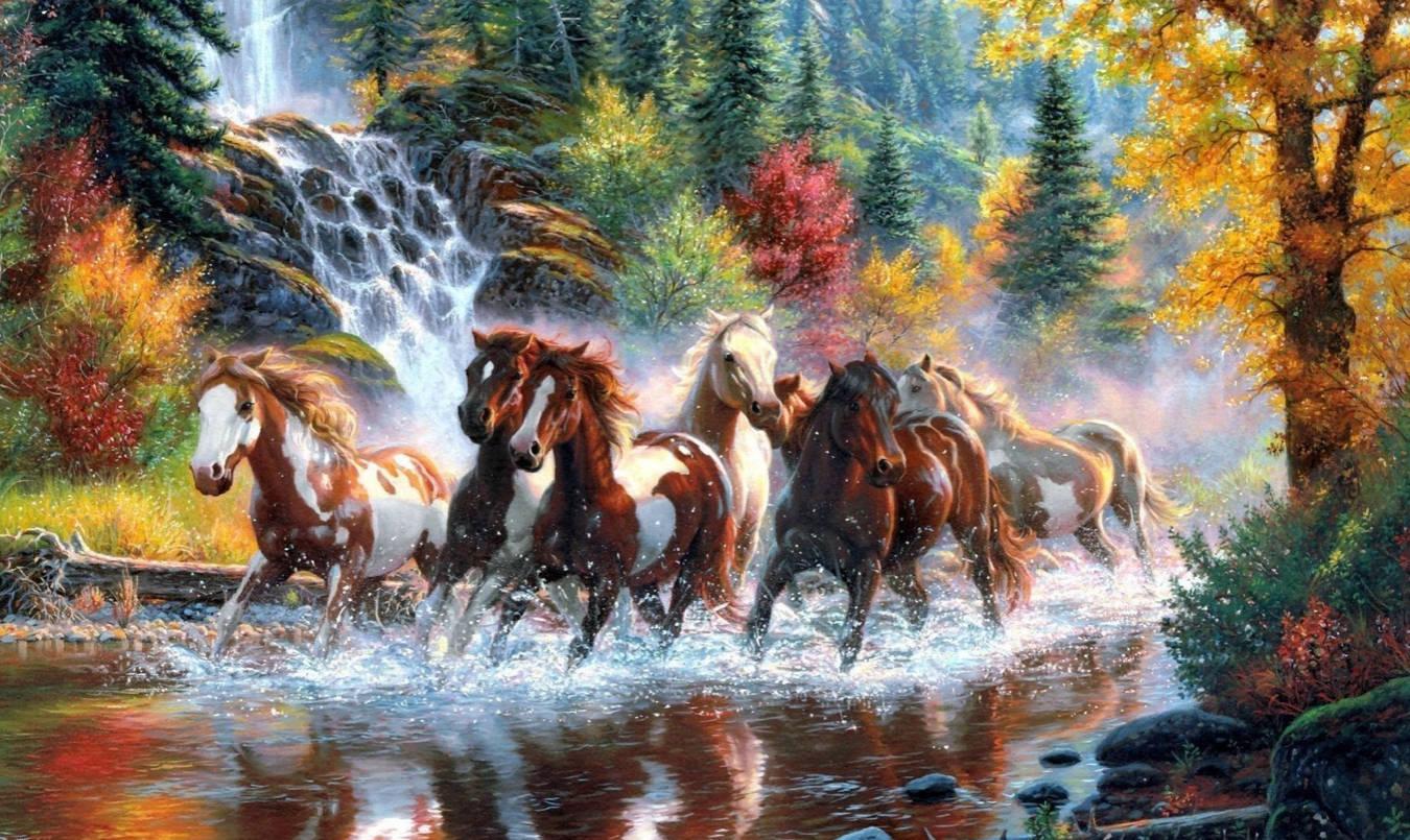 Seven Horses, autumnal forest, waterfall, HD Desktop Wallpaper